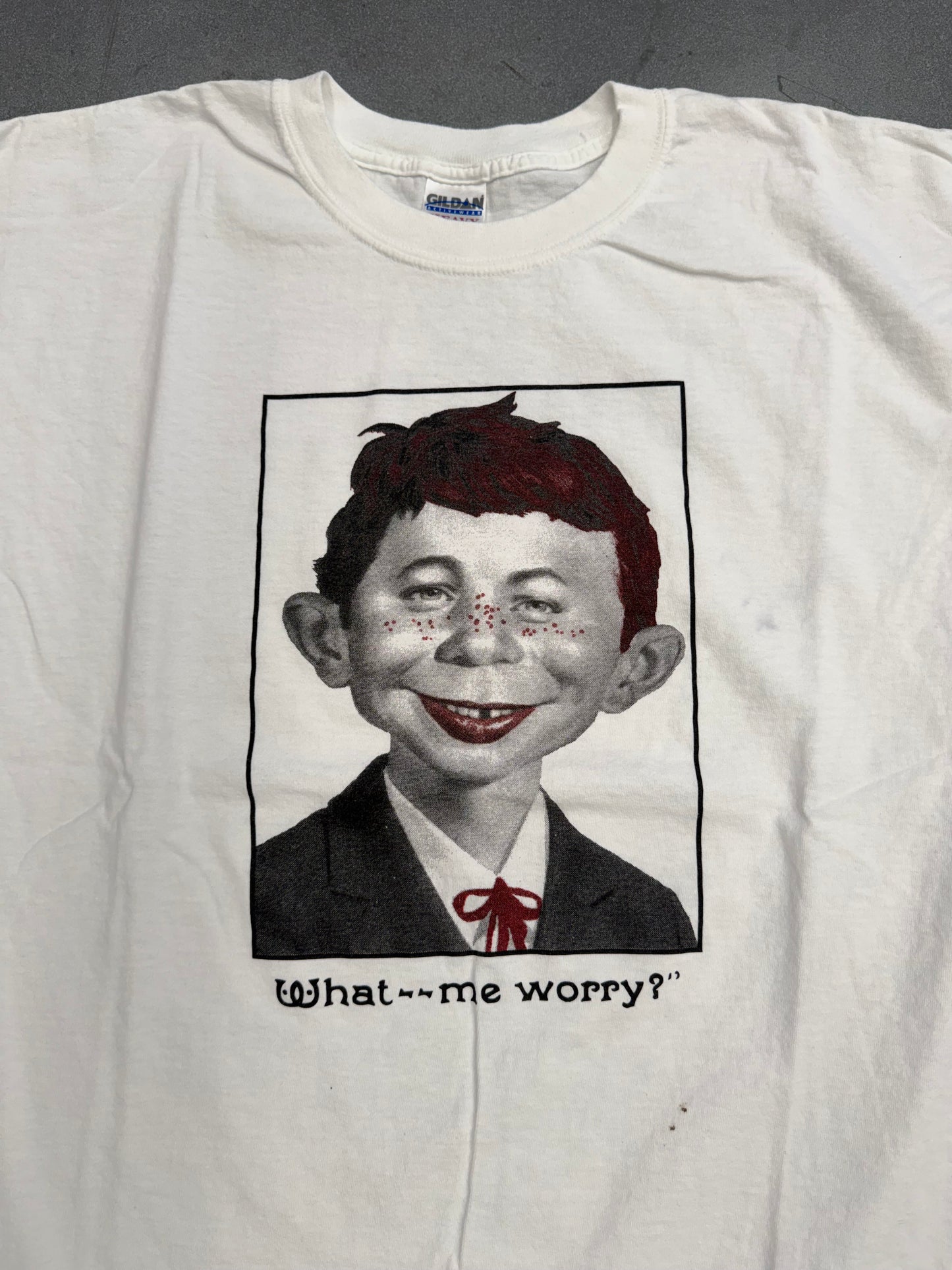 Y2K MAD MAGAZINE "WHAT--ME WORRY?" TEE (GILDAN TAG)