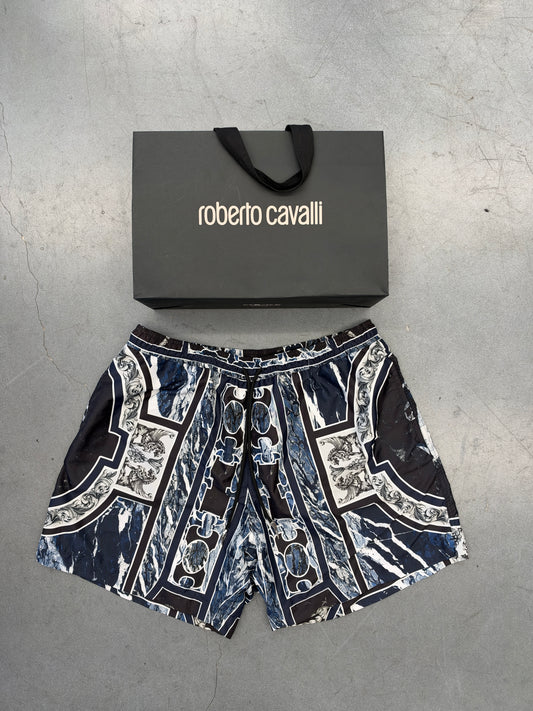 ROBERTO CAVALLI FANG AND MARBLE PRINT SWIM SHORTS - DARK BLUE