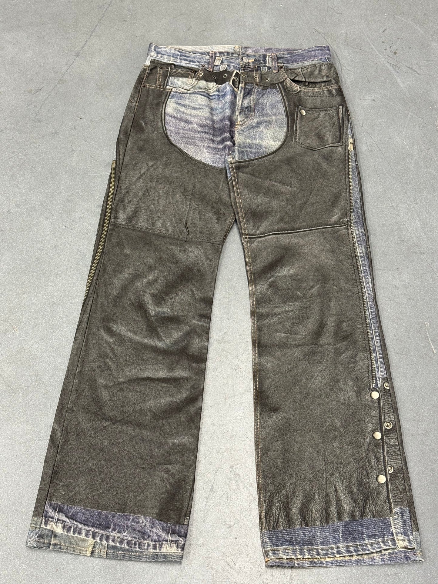 ACNE STUDIOS LEATHER CHAPS PRINTED JEANS
