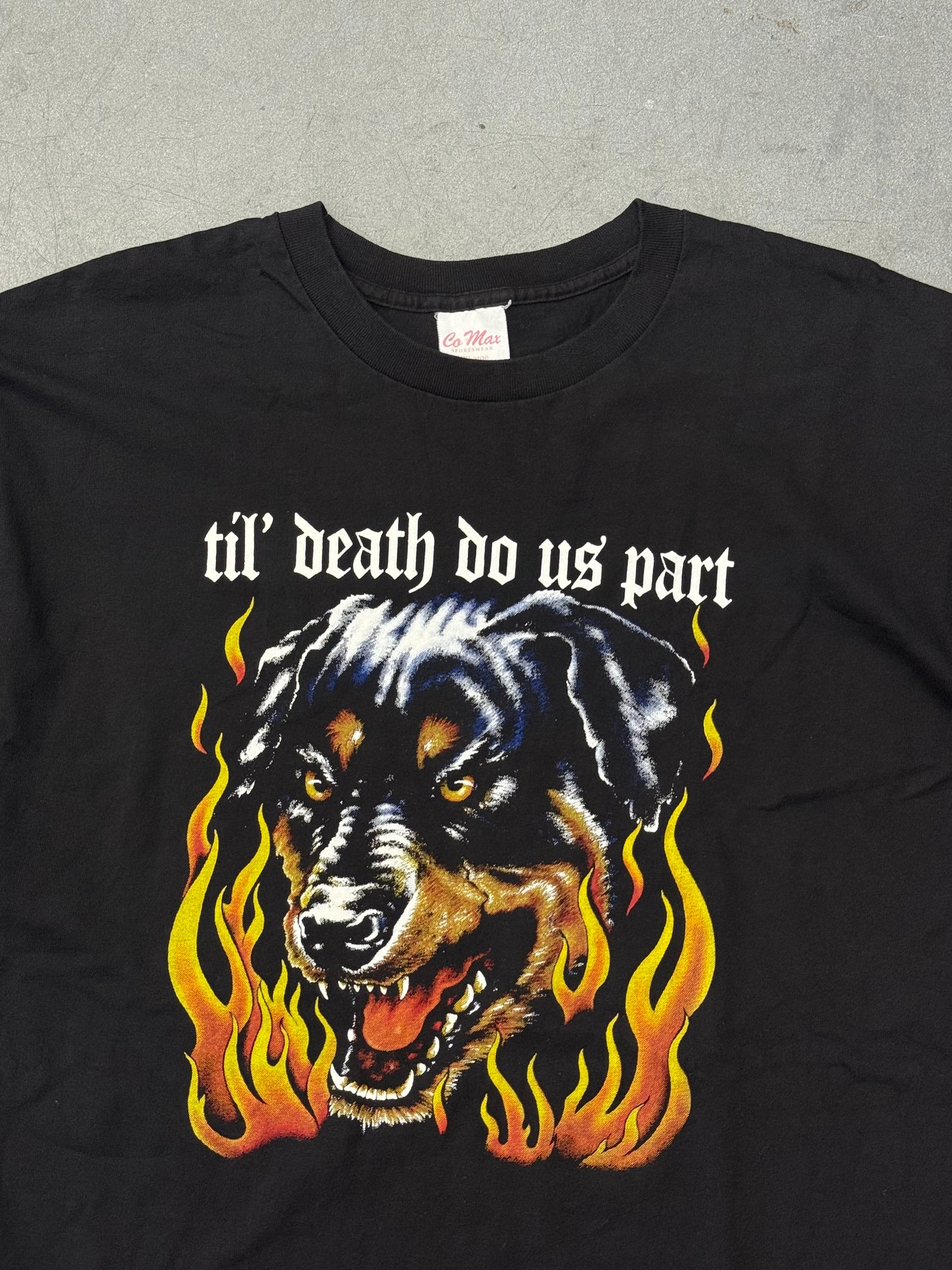 90S "TIL' DEATH DO US PART" DOG HEAD FLAMES TEE (CO MAX TAG)