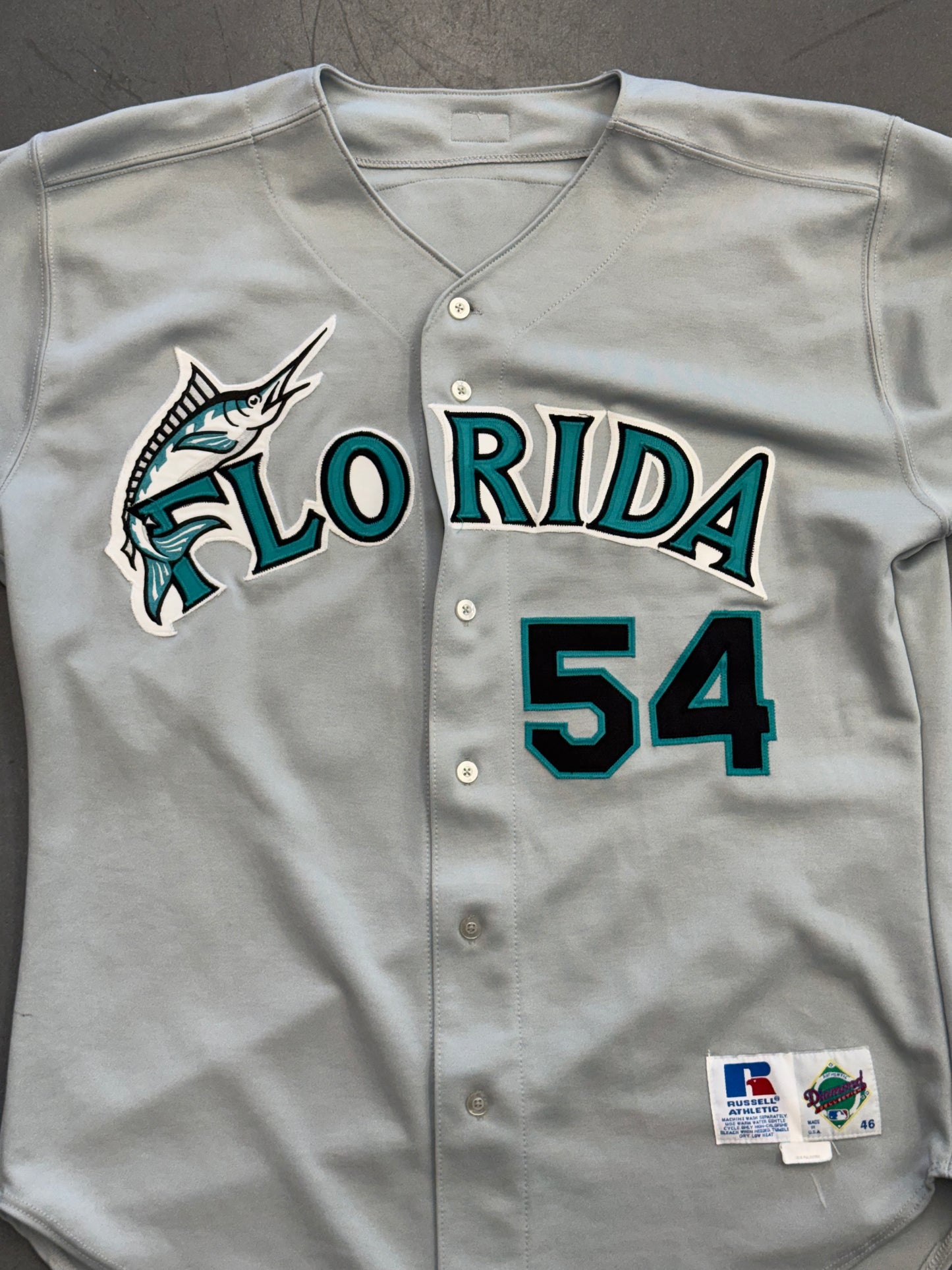 1999-2000 FLORIDA MARLINS DANNY BAUTISTA RUSSELL ATHLETIC DIAMOND COLLECTION BASEBALL JERSEY (46)