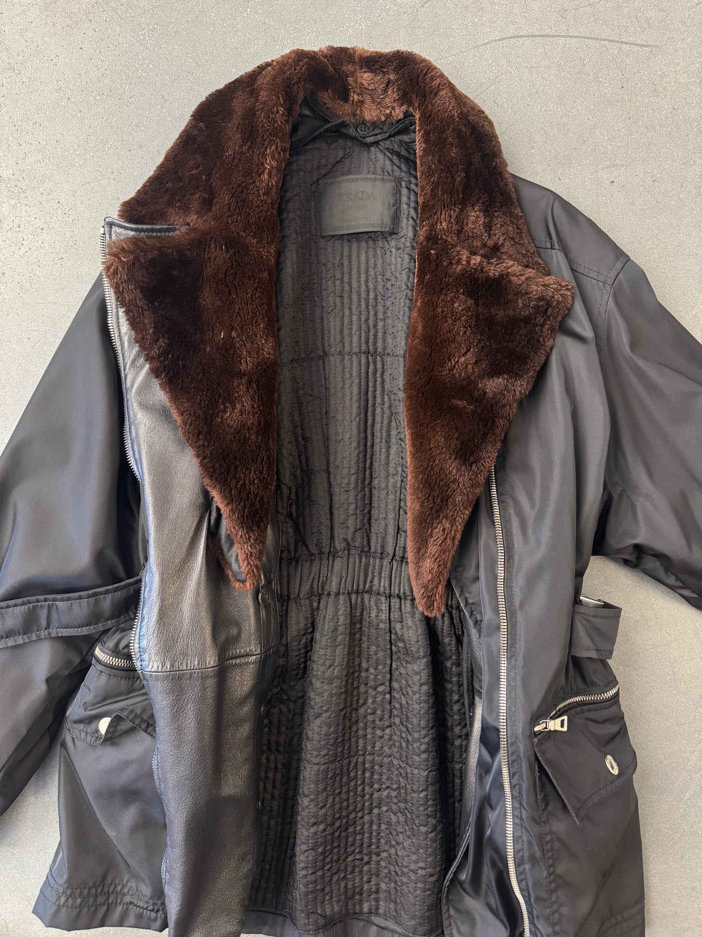 FW94 PRADA NYLON AND LEATHER COAT WITH DETACHABLE FUR COLLAR