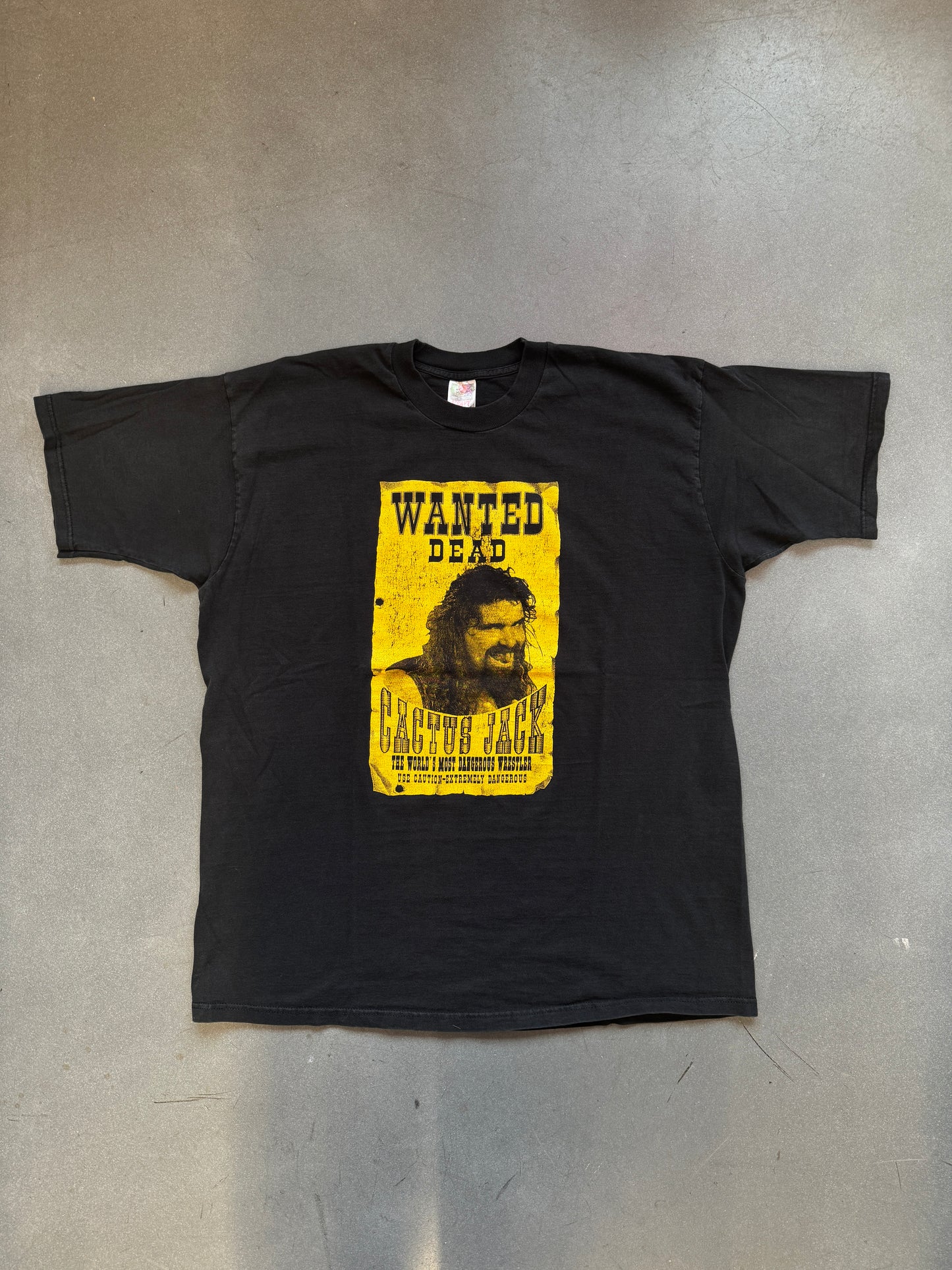 1998 WWF CACTUS JACK WANTED DEAD POSTER TEE (FOTL TAG)