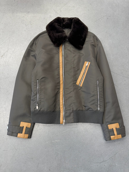 HERMES OFF-CENTER FULL-ZIP JACKET WITH BROWN LEATHER