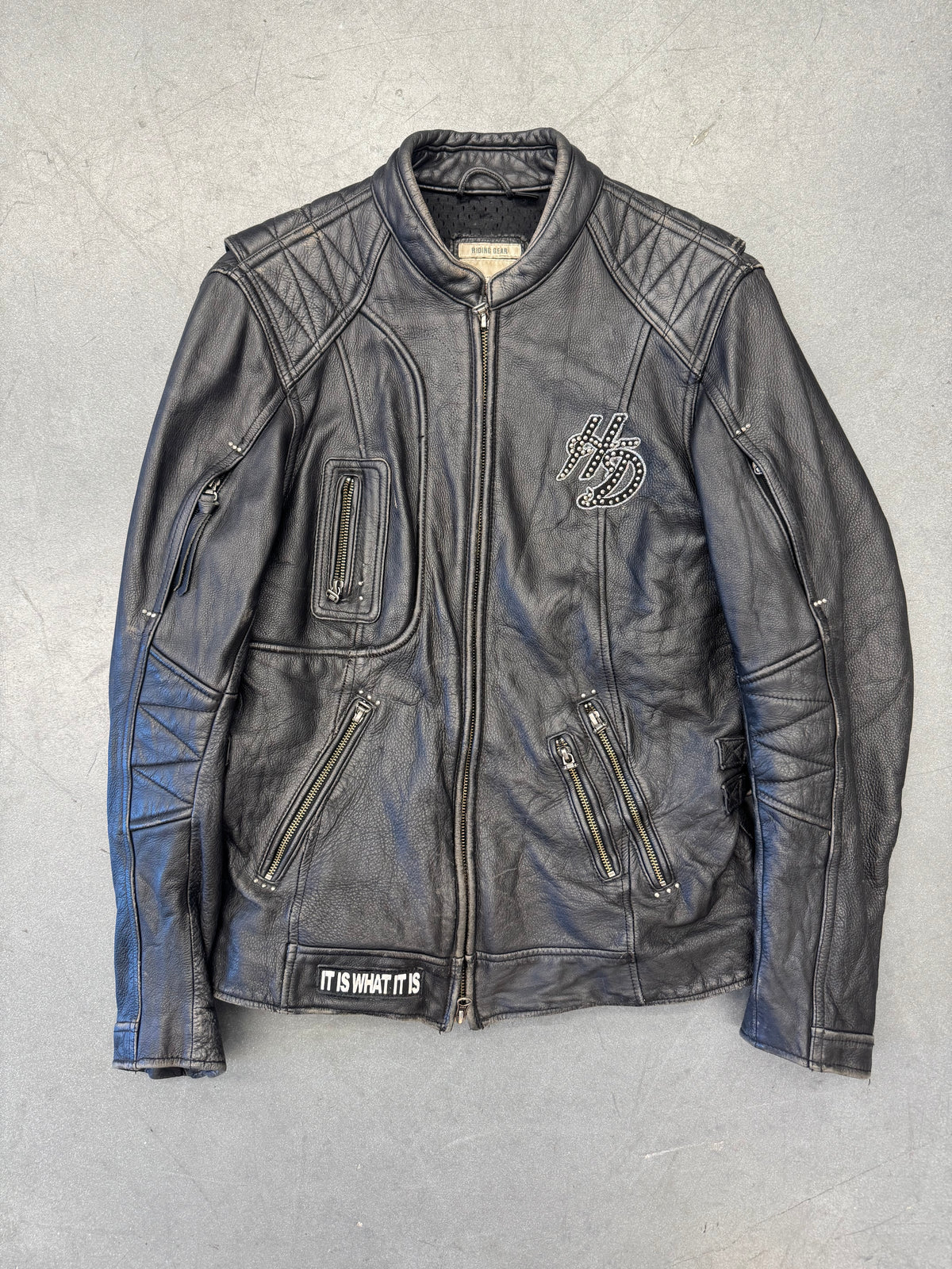 2012 HARLEY-DAVIDSON DOUBLE-BELTED WAIST STUDDED LOGO LEATHER JACKET