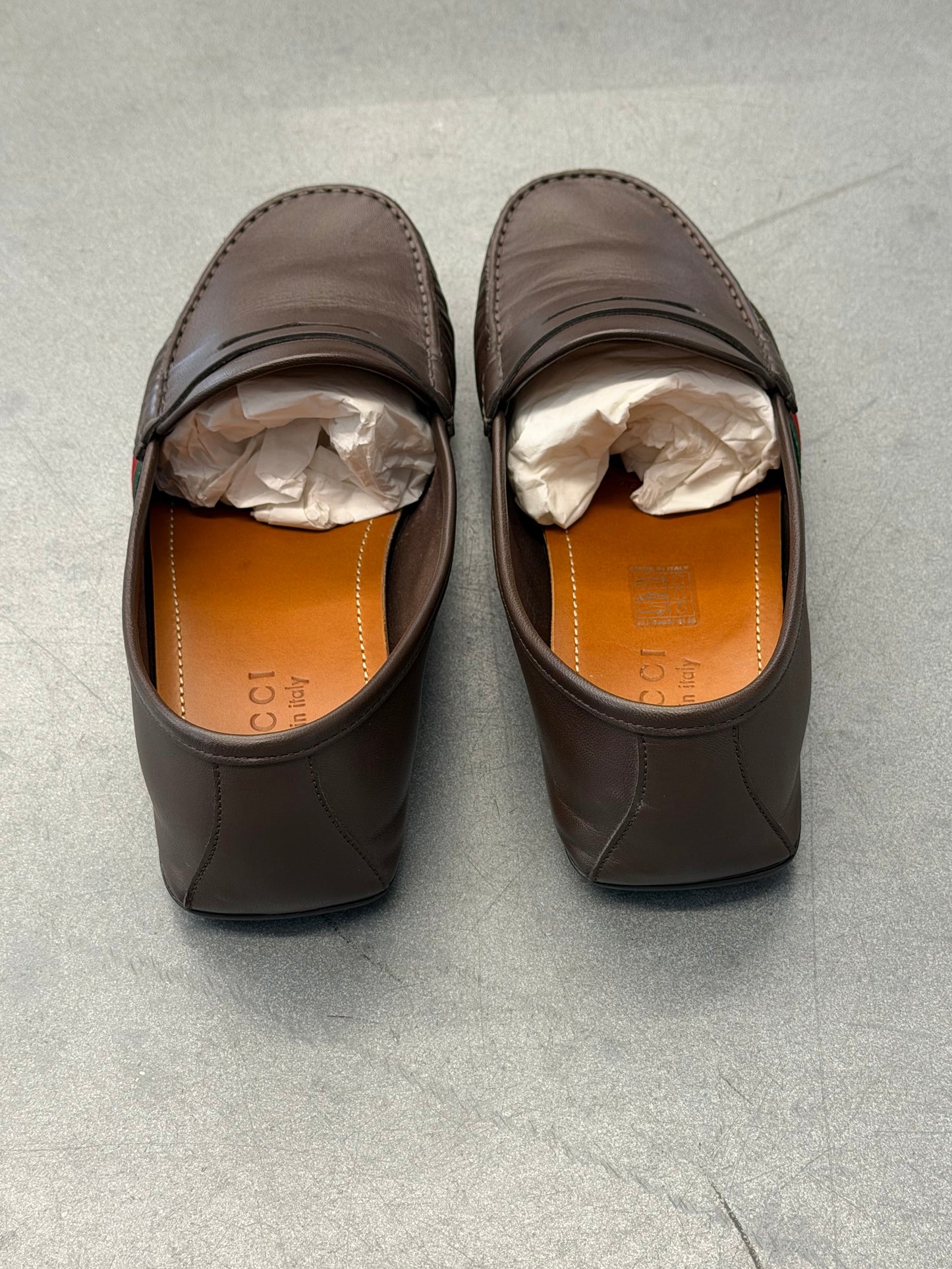 GUCCI WEB LEATHER DRIVER LOAFERS - BROWN (PRE-OWNED WITH BOX)
