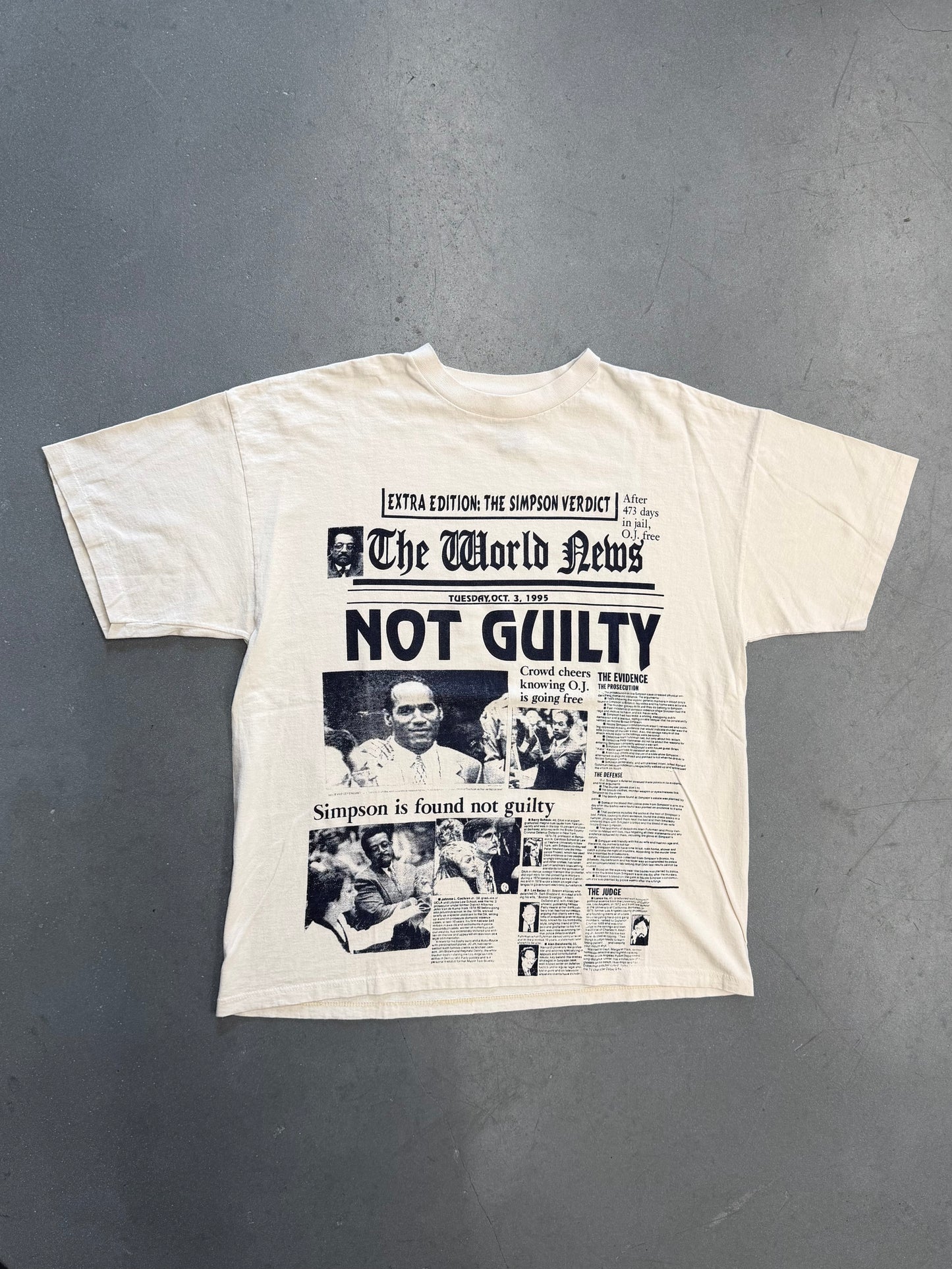 1995 O.J. SIMPSON "NOT GUILTY" NEWSPAPER PRINT TEE (CUT TAG)