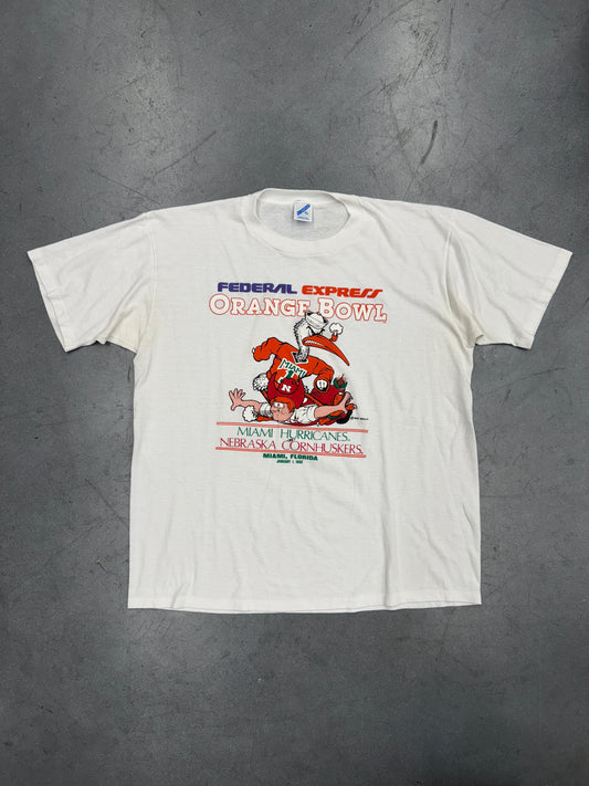 1992 FEDERAL EXPRESS ORANGE BOWL MIAMI HURRICANES VS NEBRASKA CORNHUSKERS TEE (JERZEES TAG)