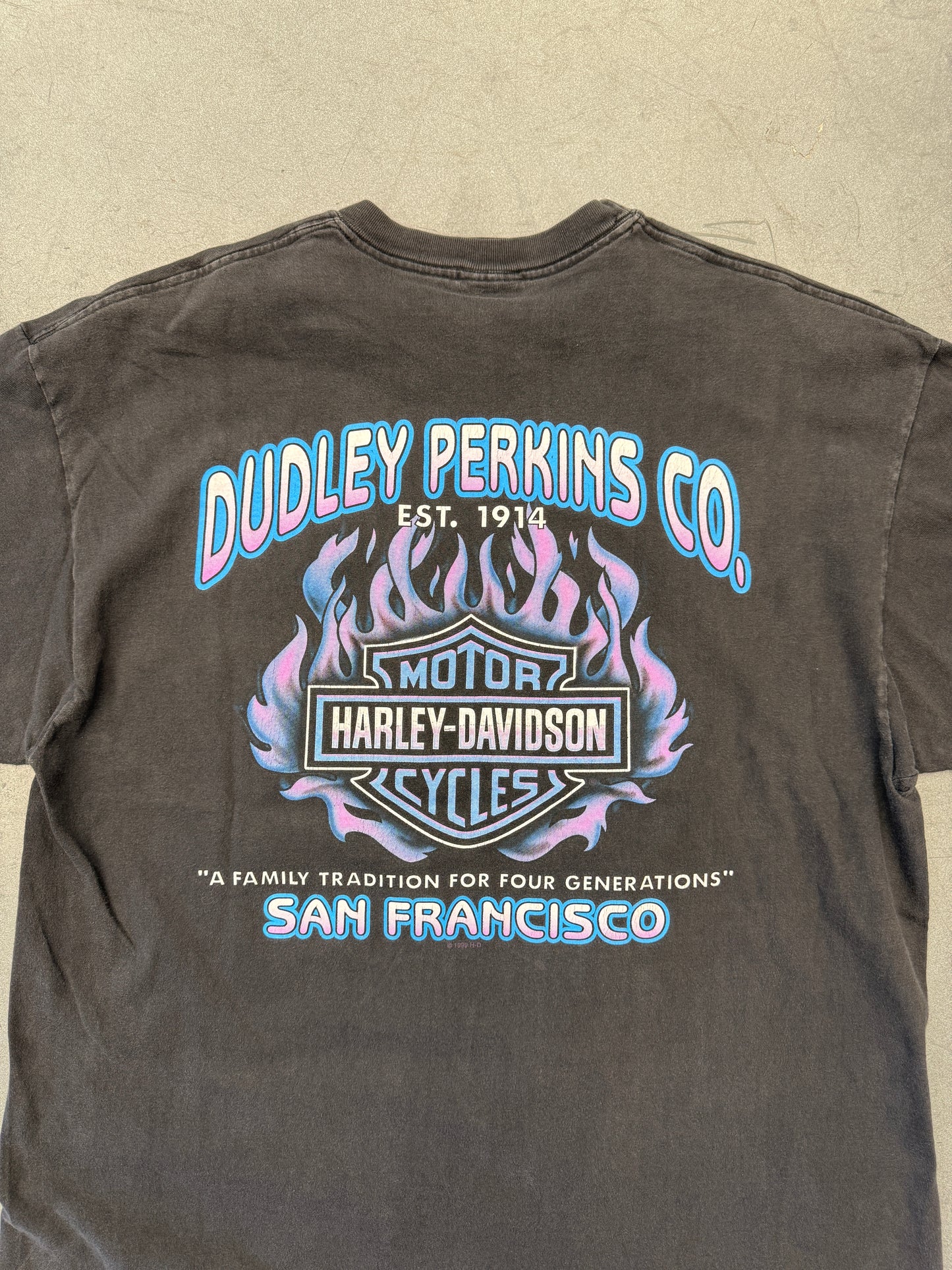 2002 HARLEY-DAVIDSON DUDLEY PERKINS CO. SAN FRANCISCO BLUE/PURPLE FLAMES TEE