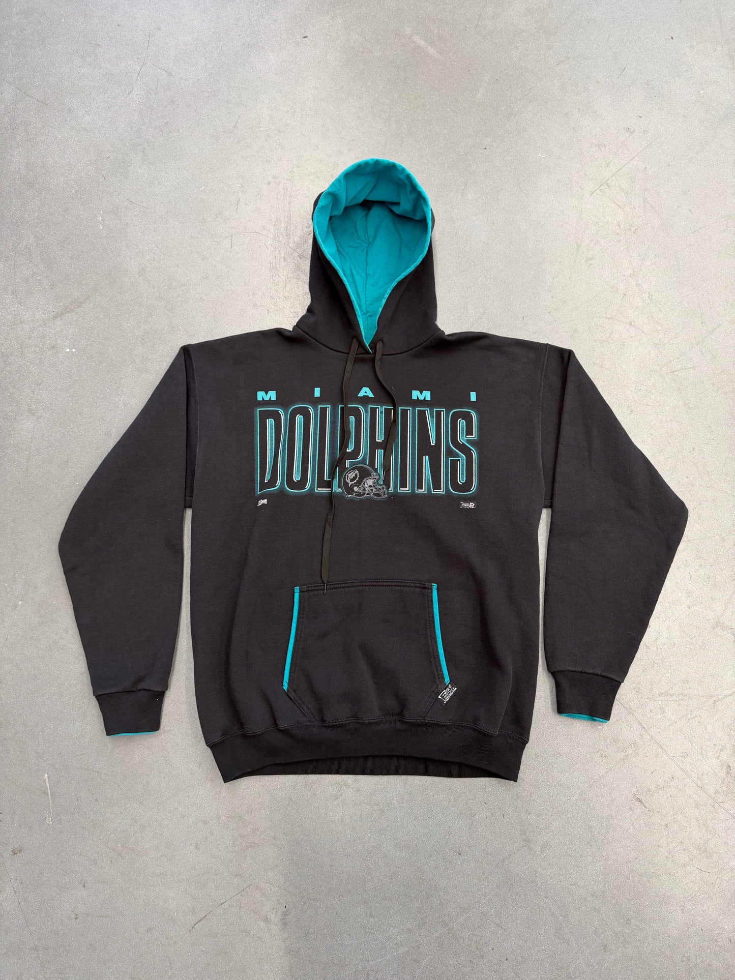 1991 SALEM MIAMI DOLPHINS HELMET SPELLOUT HOODIE (FRONT ROW TAG)