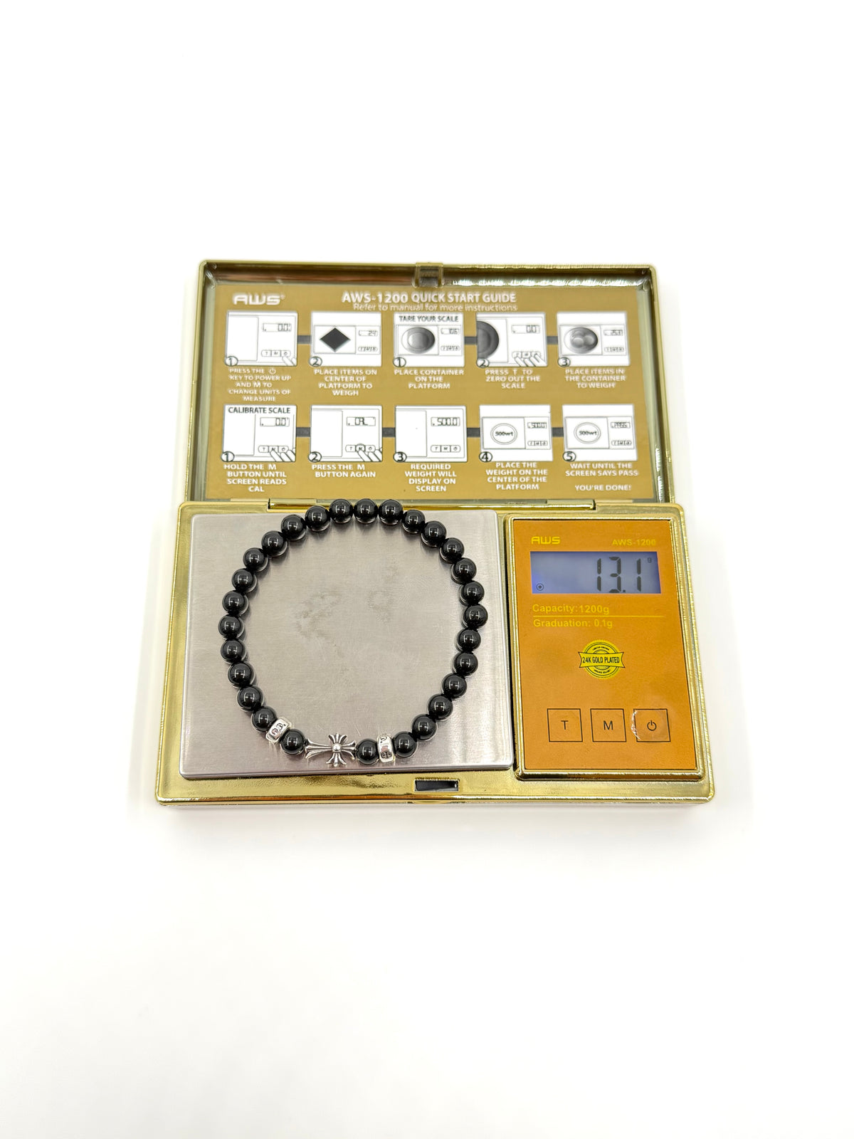 CHROME HEARTS 6MM BLACK BEADED SILVER CROSS BRACELET