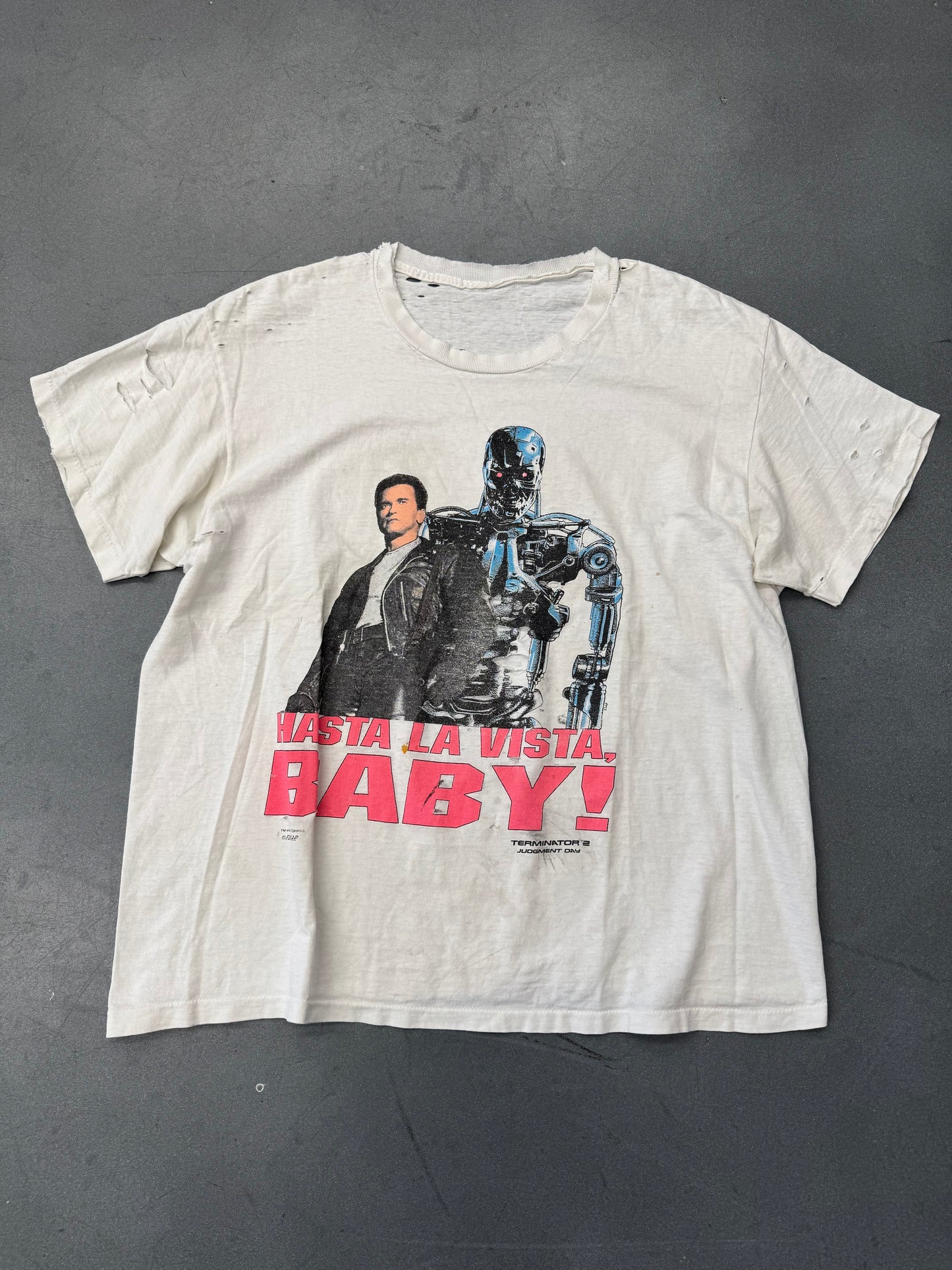 1991 TERMINATOR 2: JUDGMENT DAY "HASTA LA VISTA, BABY!" DISTRESSED TEE (PULLED TAG)