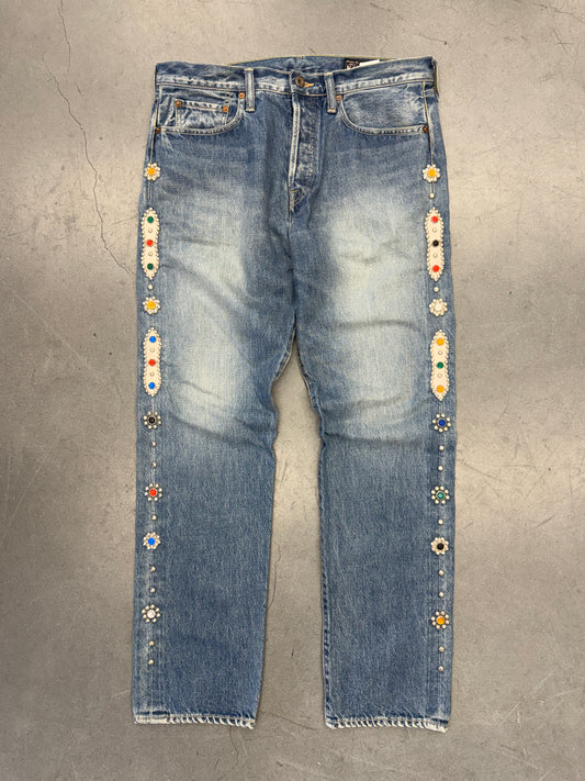 KAPITAL 14OZ DENIM 5P MONKEY CISCO GEMSTONE EMBELLISHED JEANS