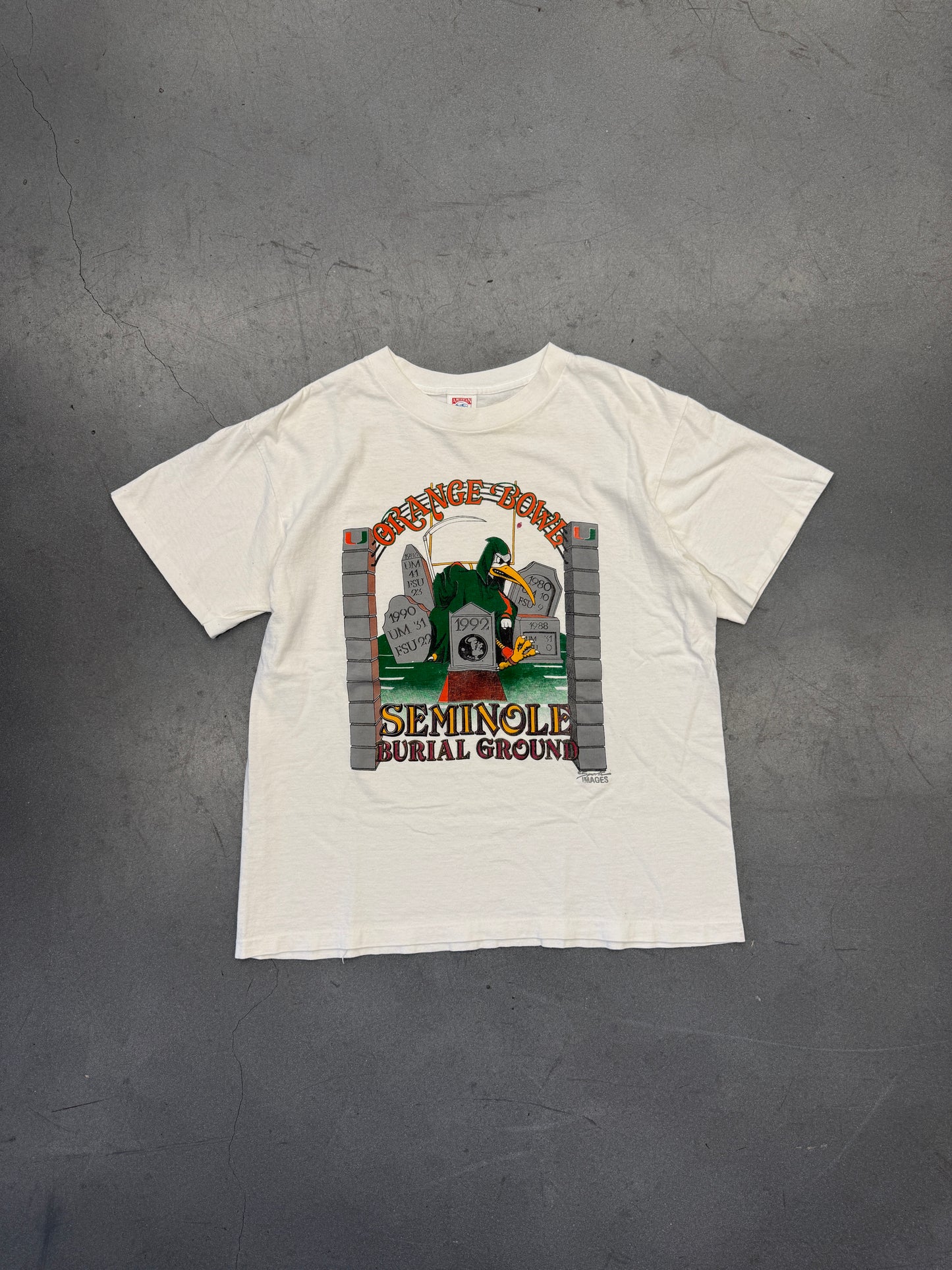 1992 ORANGE BOWL MIAMI HURRICANES "SEMINOLE BURIAL GROUND" REAPER TEE (AMERICAN EAGLE TAG)