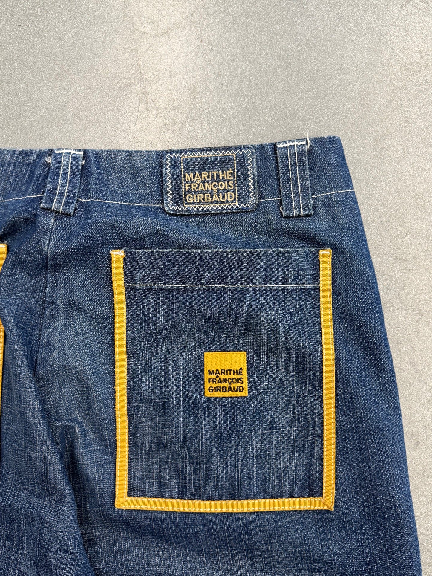 VINTAGE MARITHE FRANCOIS GIRBAUD SHUTTLE STRAP DENIM JEANS - MUSTARD STRAPS (38)