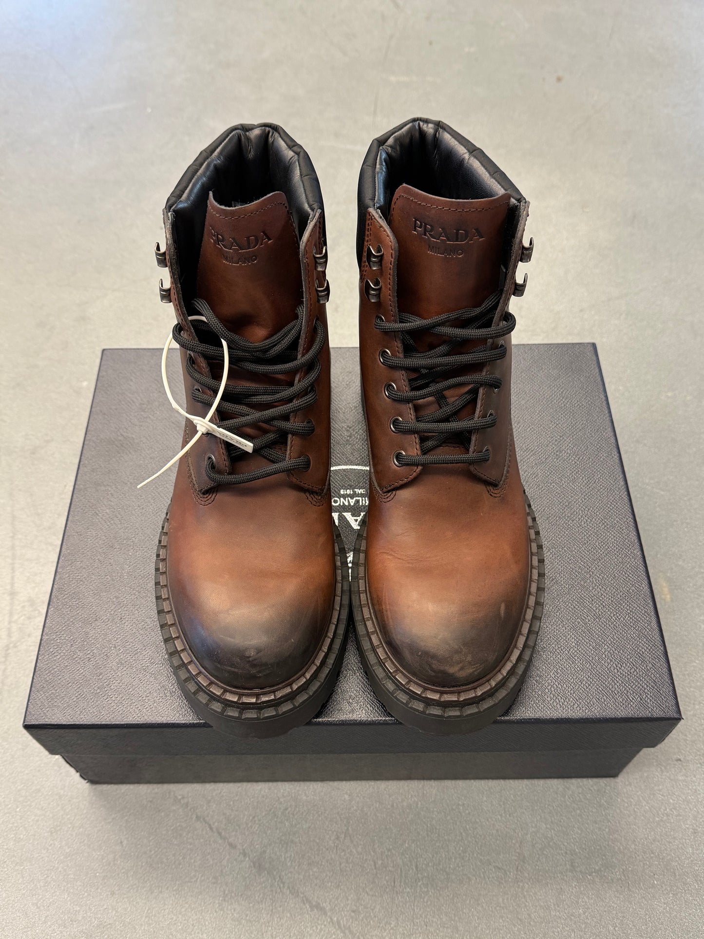 PRADA CALZATURE UOMO BROWN LEATHER WORK BOOTS (W/BOX)