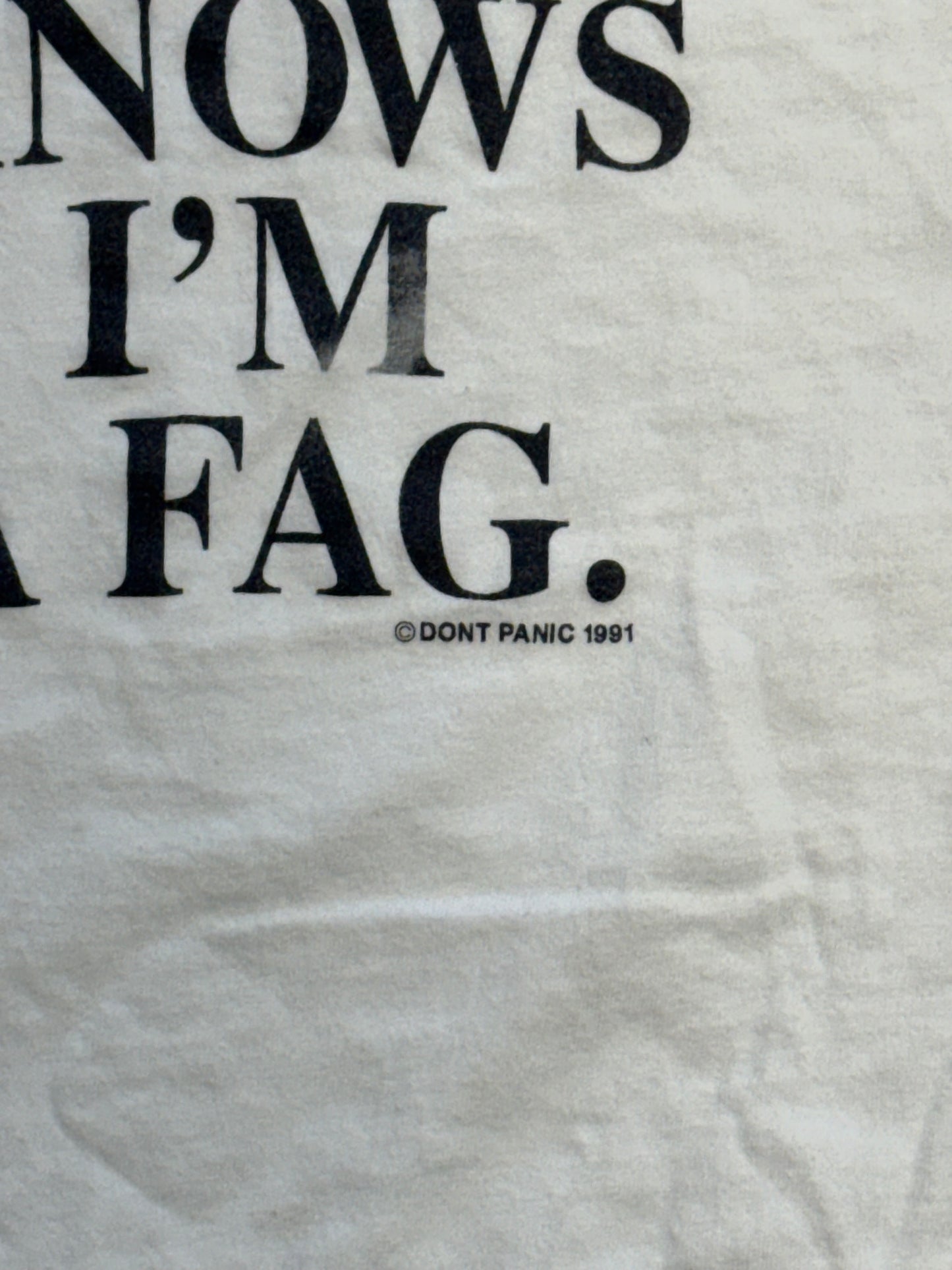 1991 DON'T PANIC! "NOBODY KNOWS I'M A FAG." TEE (HANES TAG)