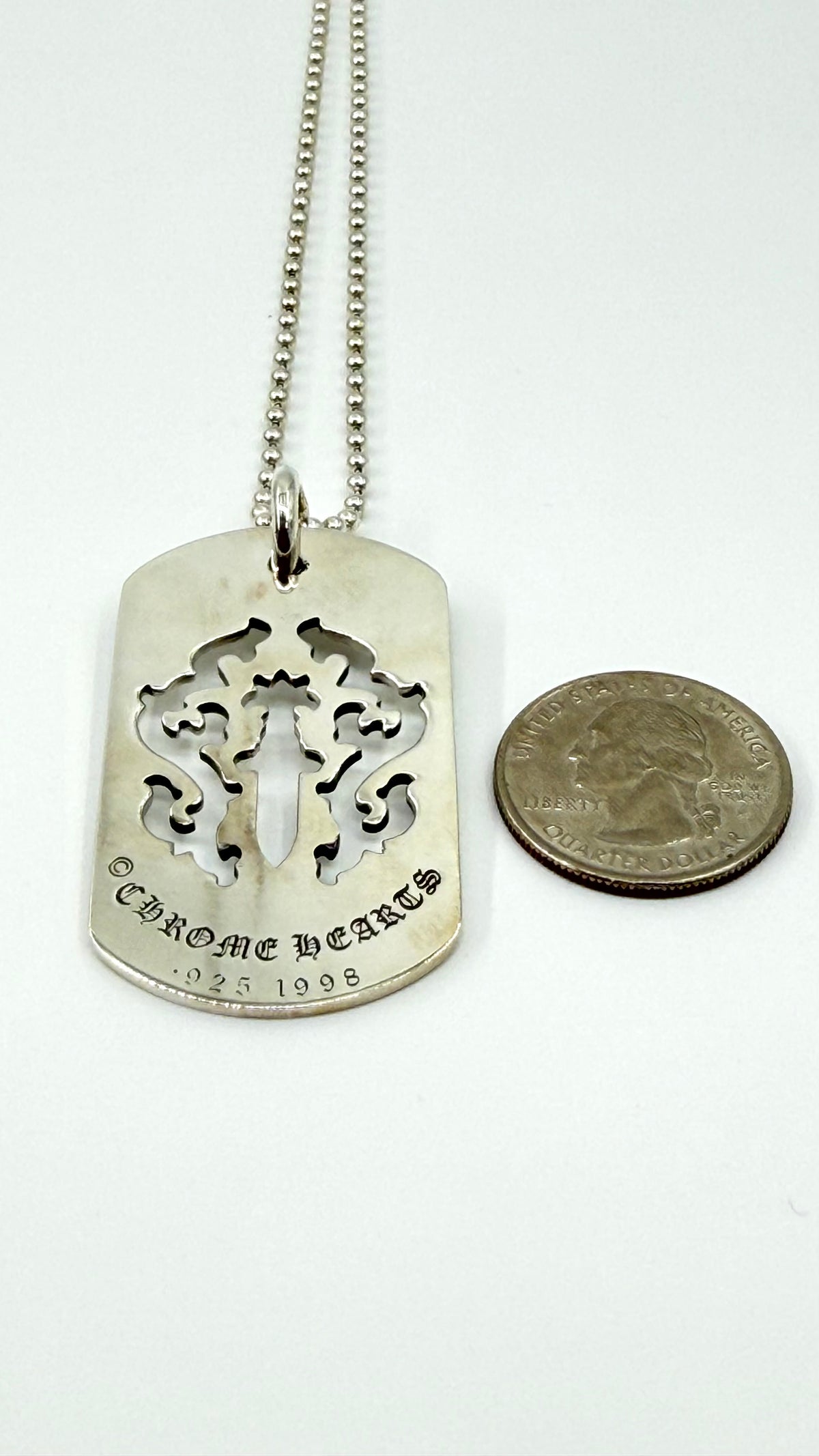 CHROME HEARTS DAGGER SILVER DOG TAG WITH 30" SILVER BALL CHAIN