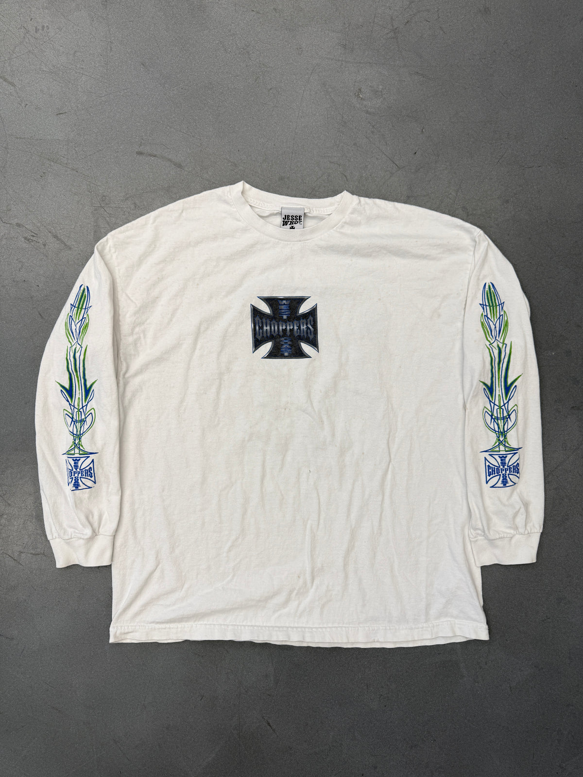 Y2K WEST COAST CHOPPERS BLUE/GREEN OUTLINE IRON CROSS LS MULLET TEE (JESSE WHO? TAGP