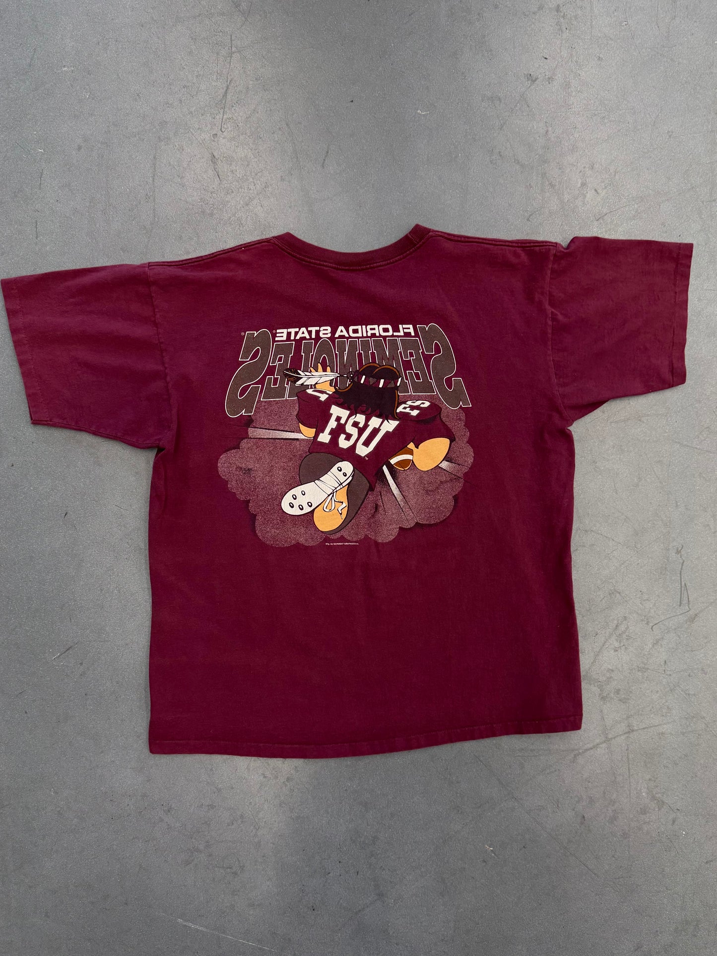 90'S FSU FLORIDA STATE SEMINOLES RUSHING SEMINOLE BREAKTHROUGH TEE (ULTIMATE TAG)