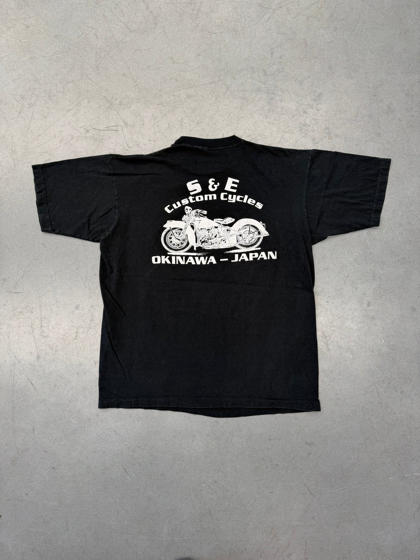 90S "THANK GOD IT'S FRIDAY!" S&E CUSTOM CYCLES OKINAWA - JAPAN TEE (FADED TAG)
