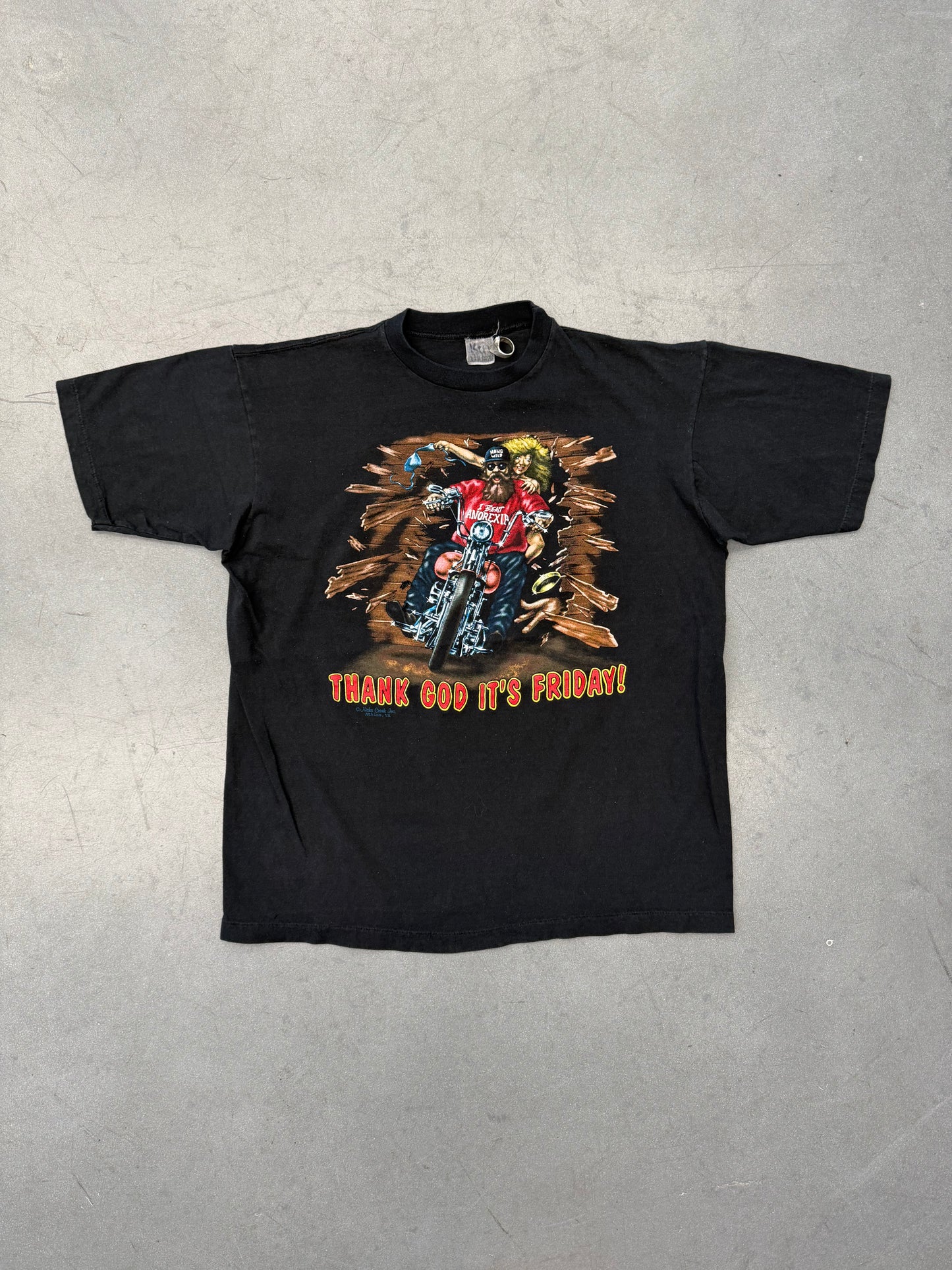 90S "THANK GOD IT'S FRIDAY!" S&E CUSTOM CYCLES OKINAWA - JAPAN TEE (FADED TAG)