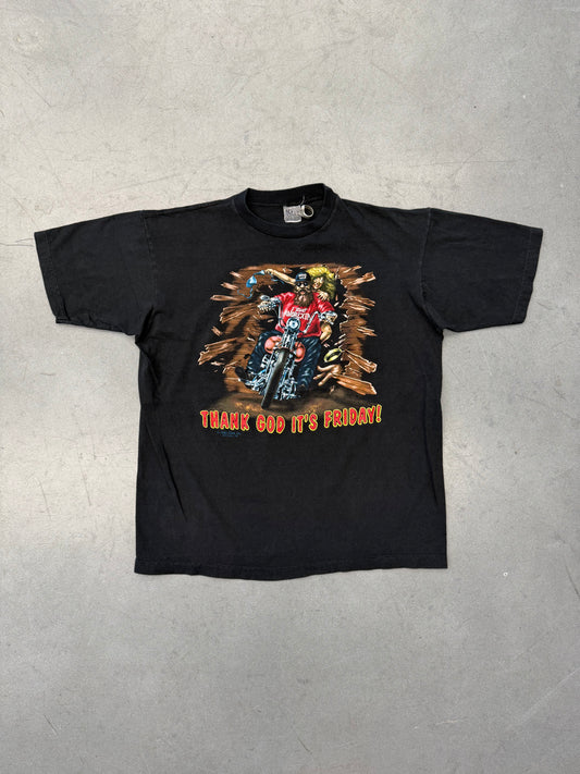 90S "THANK GOD IT'S FRIDAY!" S&E CUSTOM CYCLES OKINAWA - JAPAN TEE (FADED TAG)
