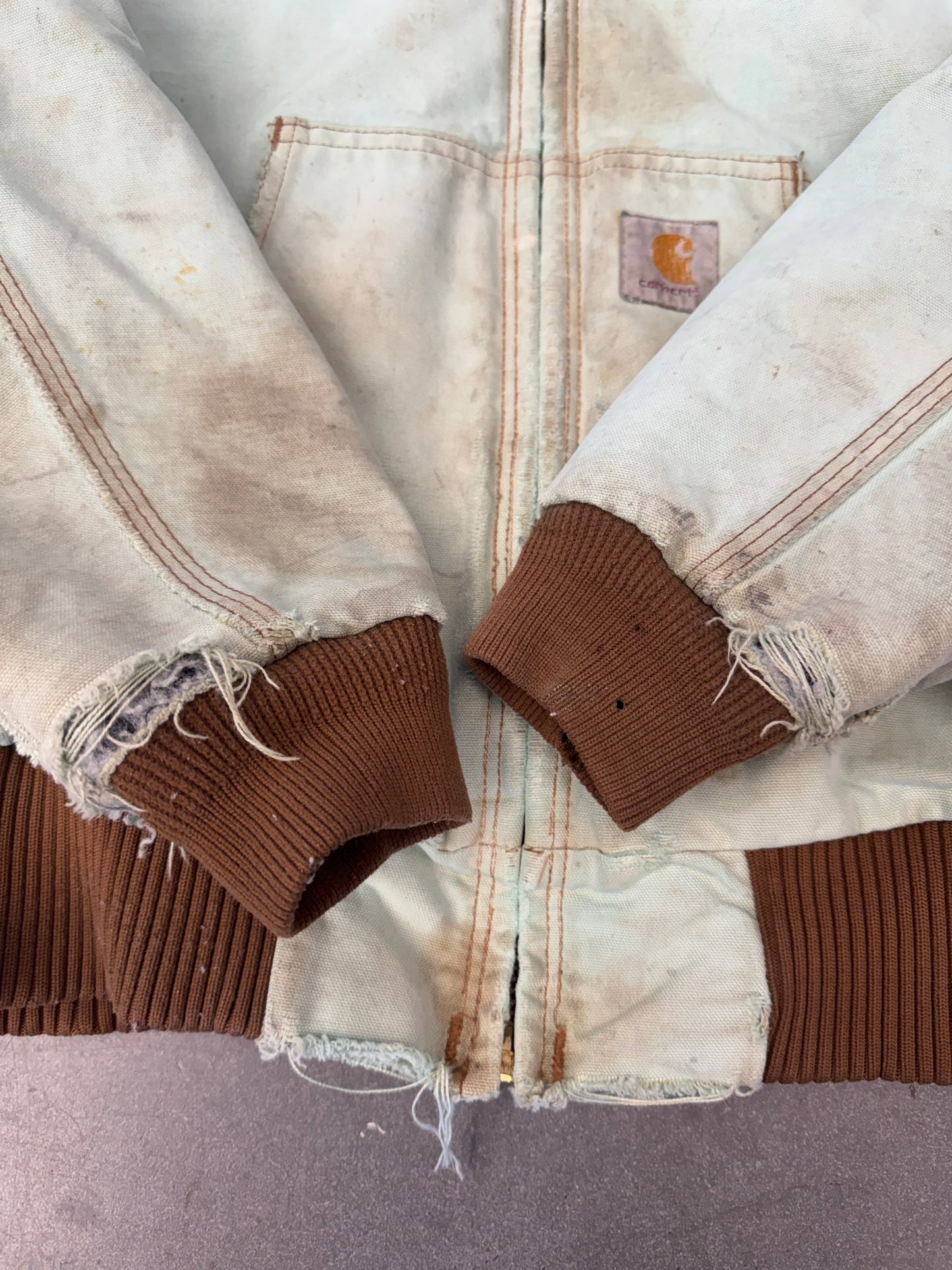 90S CARHARTT INSULATED ZIP-UP DISTRESSED CANVAS WORK JACKET (FADED TAG) (TURQUOISE/BROWN)