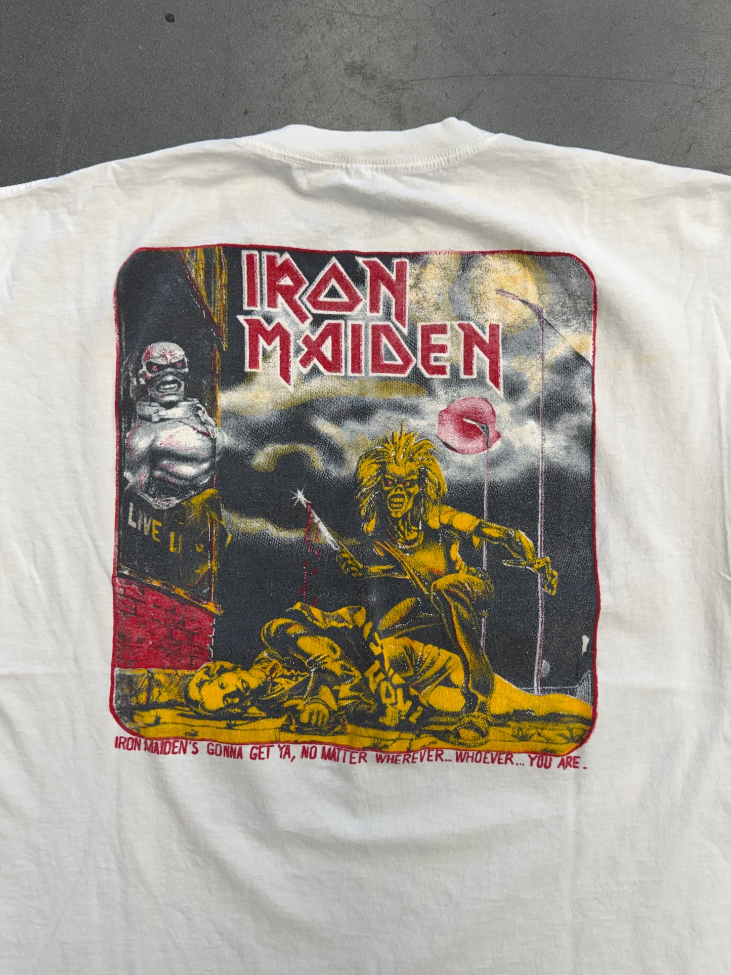 VINTAGE IRON MAIDEN BOOTLEG GONNA GET YA, NO MATTER WHEREVER... TEE (CUT TAG)
