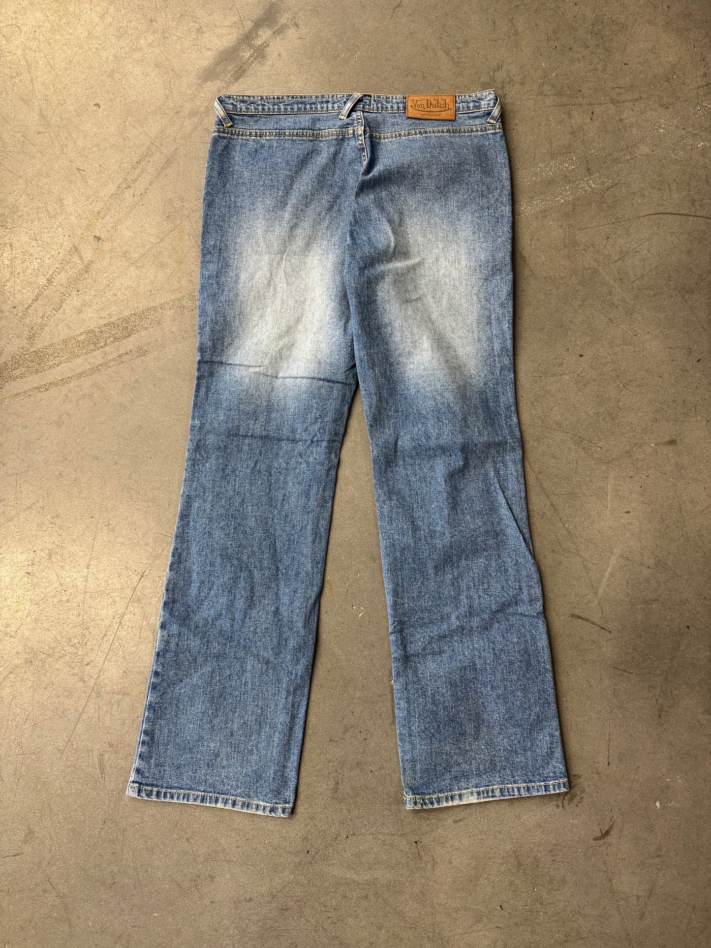 Y2K VON DUTCH ORIGINALS PAINTED GRAFFITI BLUE WIDE LEG JEANS