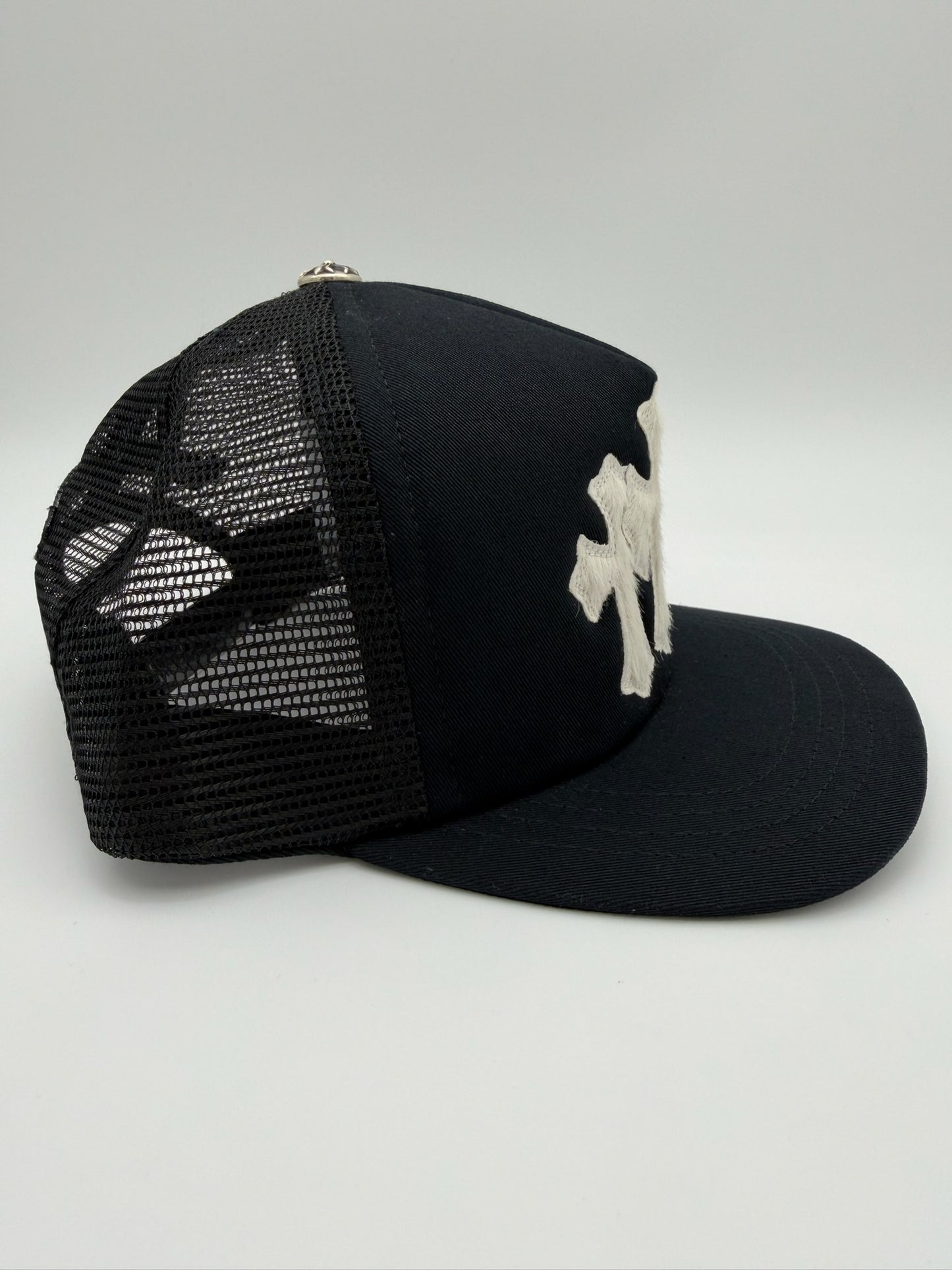 CHROME HEARTS PONY HAIR  TRIPLE CROSS TRUCKER HAT - BLACK/WHITE