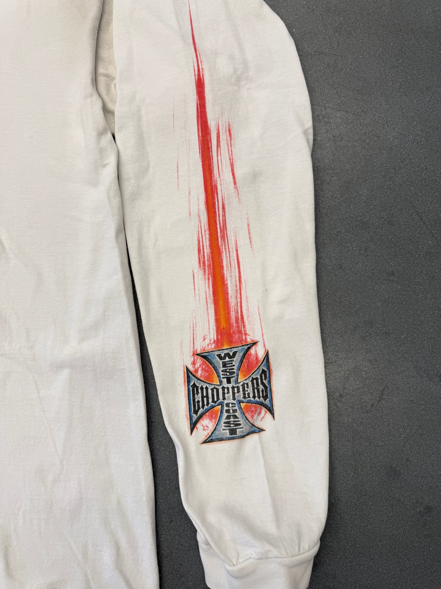 90S WEST COAST CHOPPERS "CHOPPERS FOR LIFE" CRACKING IRON CROSS SKETCH-FLAME SLEEVE LS TEE (PULLED TAG)