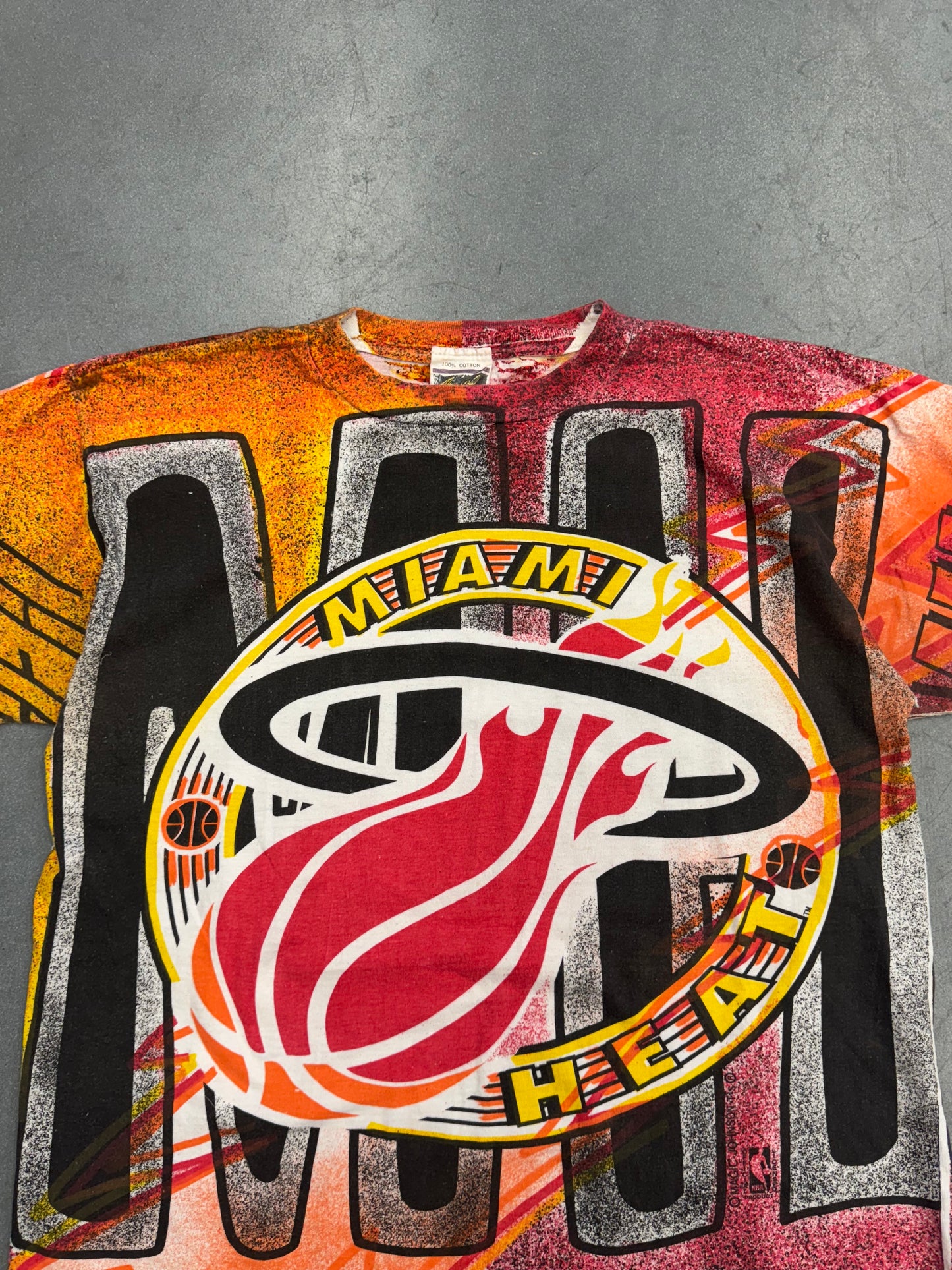 90S MAGIC JOHNSON T'S MIAMI HEAT EMBLEM PAINTED AOP TEE