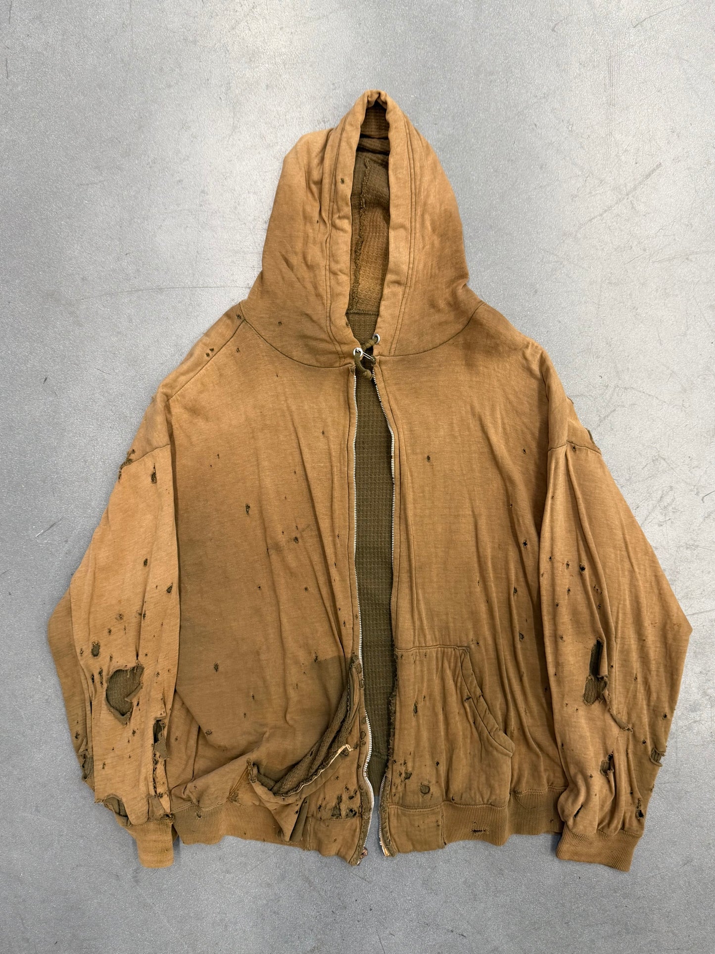 1950'S THRASHED SELVEDGED WAFFLE LINE ZIP UP HOODIE