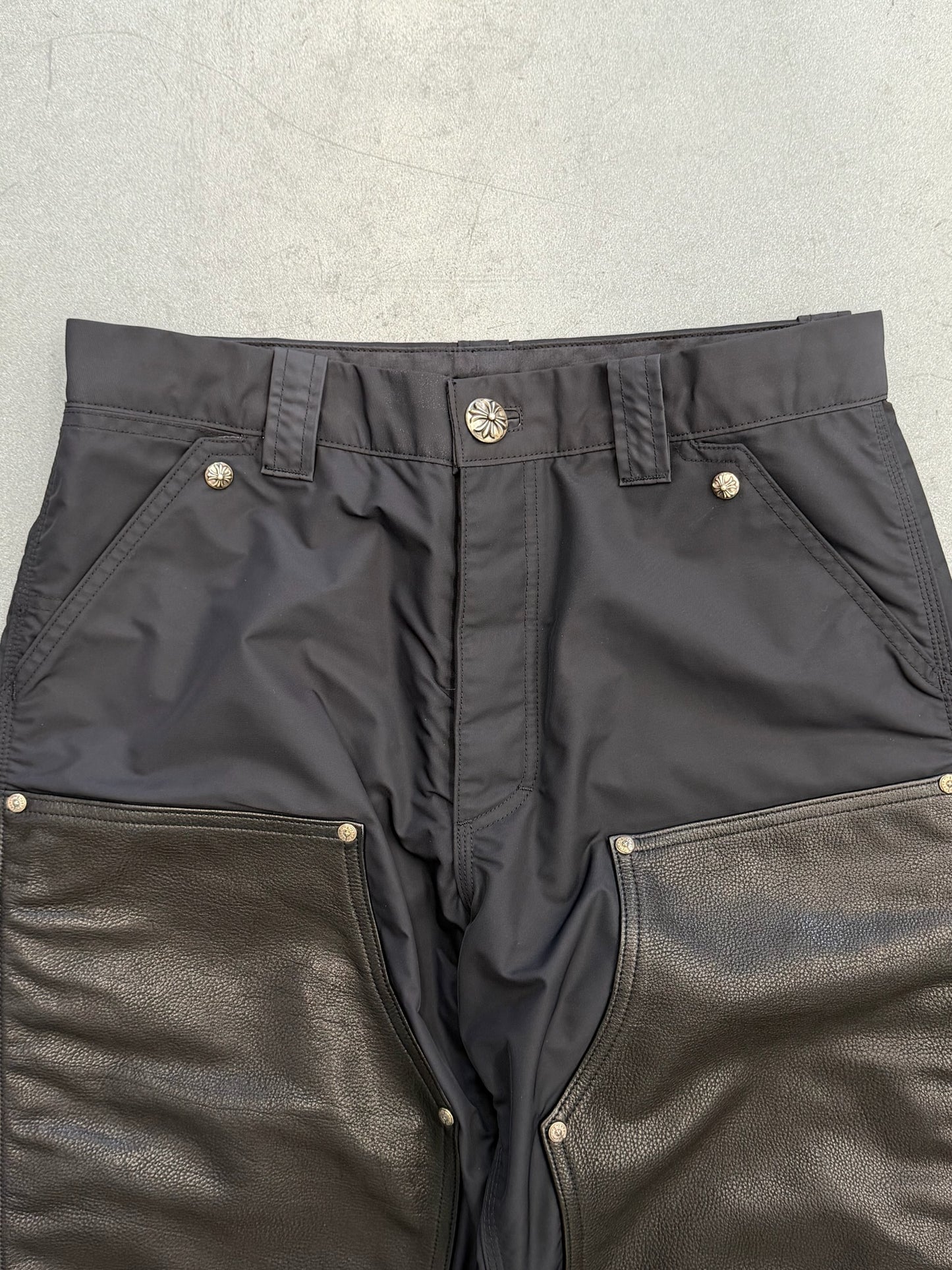 CHROME HEARTS NYLON LEATHER DOUBLE KNEE WIDE CARPENTER PANT - BLACK
