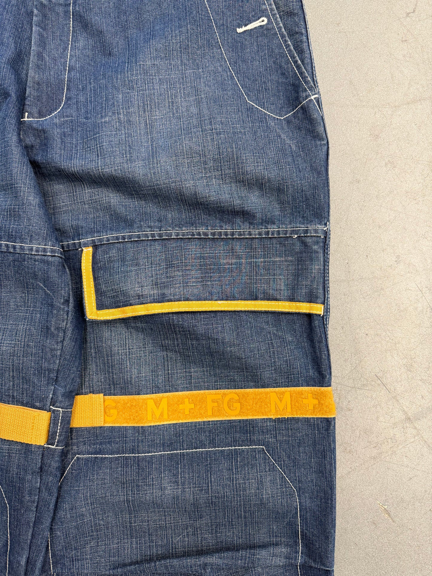 VINTAGE MARITHE FRANCOIS GIRBAUD SHUTTLE STRAP DENIM JEANS - MUSTARD STRAPS (38)