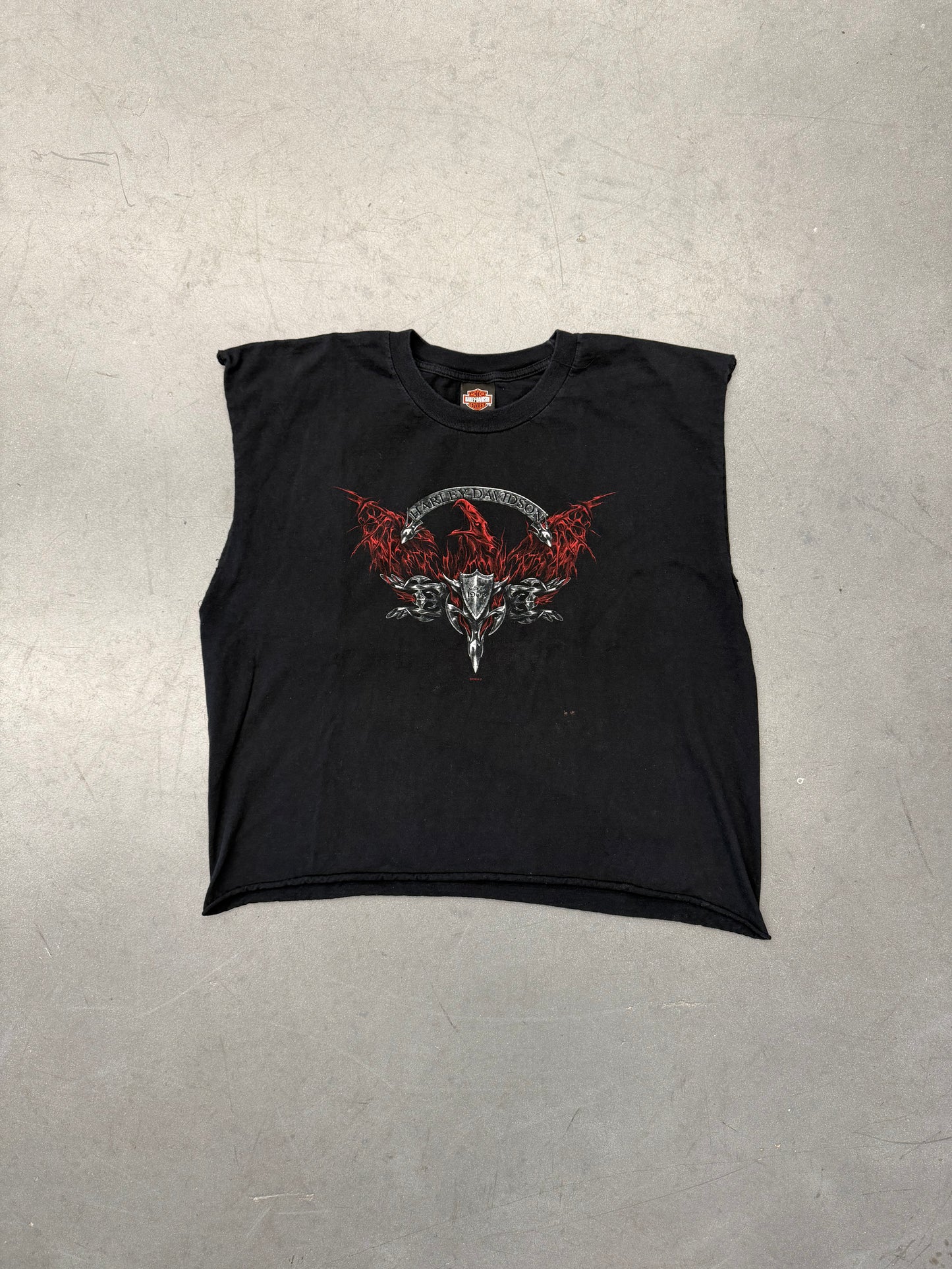 2002 HARLEY-DAVIDSON CHROME FLAME EAGLE DAYTONA BEACH, FLORIDA CUT-OFF CROPPED TEE (HARLEY-DAVIDSON TAG)