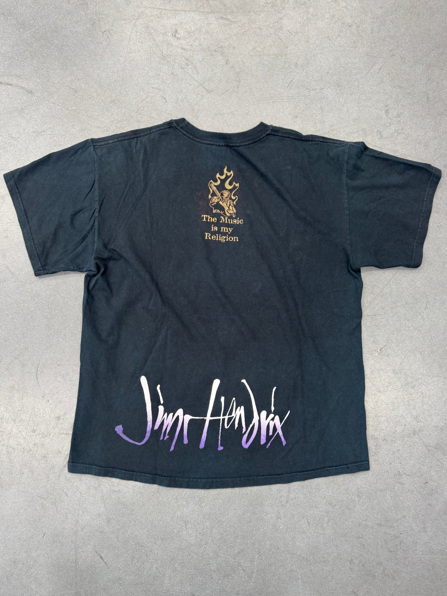 Y2K JIMI HENDRIX "THE MUSIC IS MY RELIGION" EMBROIDERED TEE (RESURRECCION TAG)