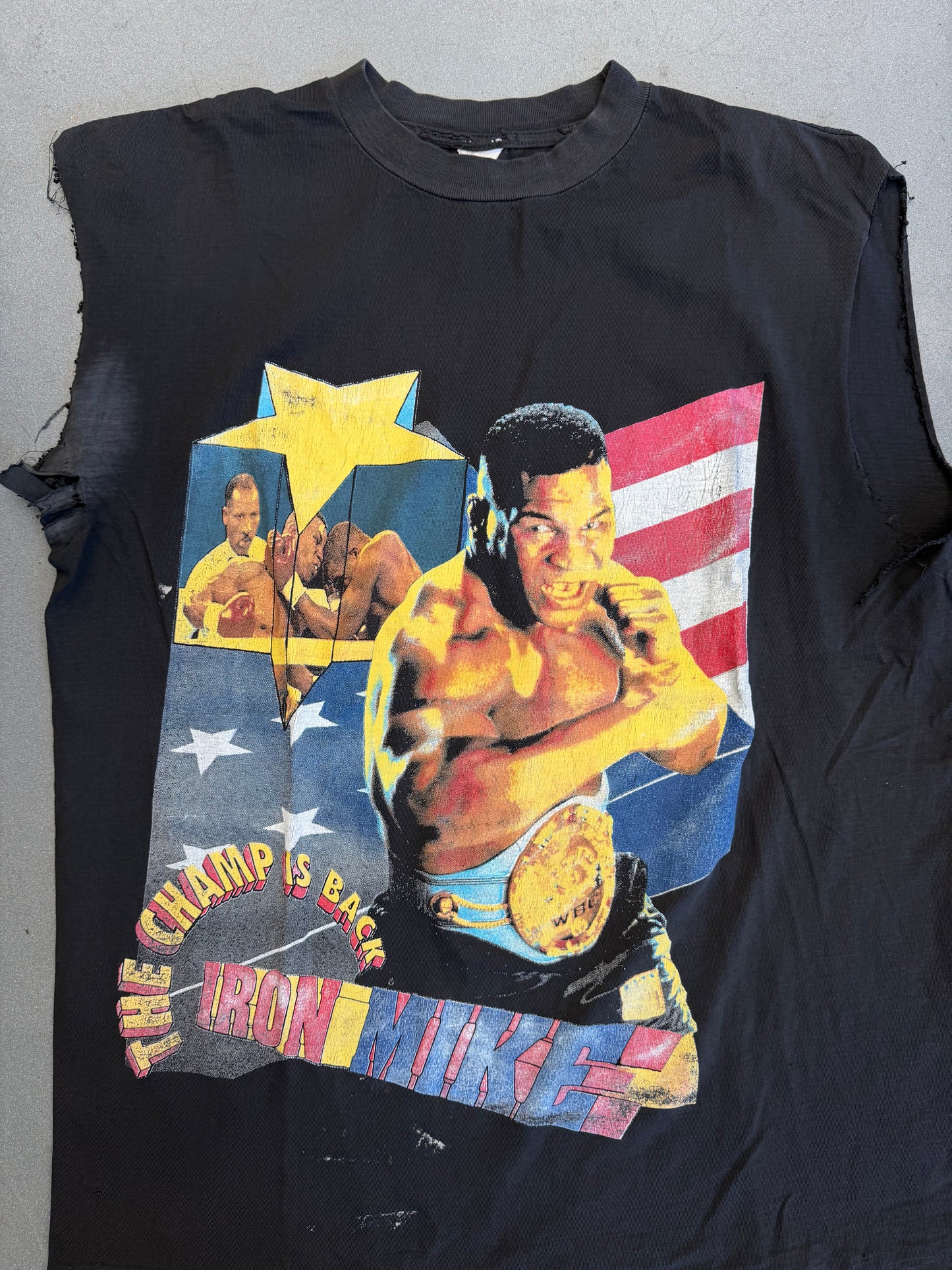 90S IRON MIKE TYSON THE CHAMP IS BACK BOOTLEG RAP STYLE CUT-OFF TEE (SHORT HILLS TAG)