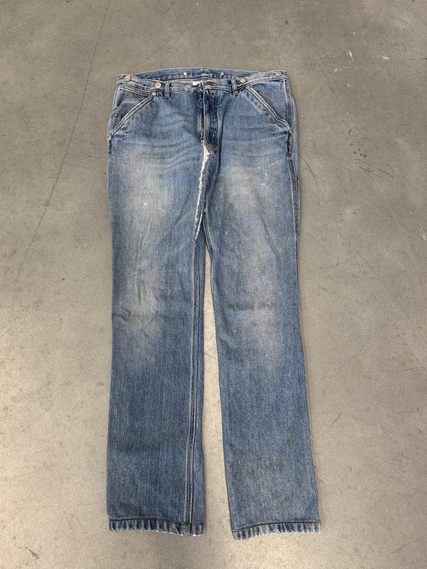 MAISON MARGIELA DISTRESSED SUSPENDER BUTTON REGULAR FIT JEANS - REPAIRED