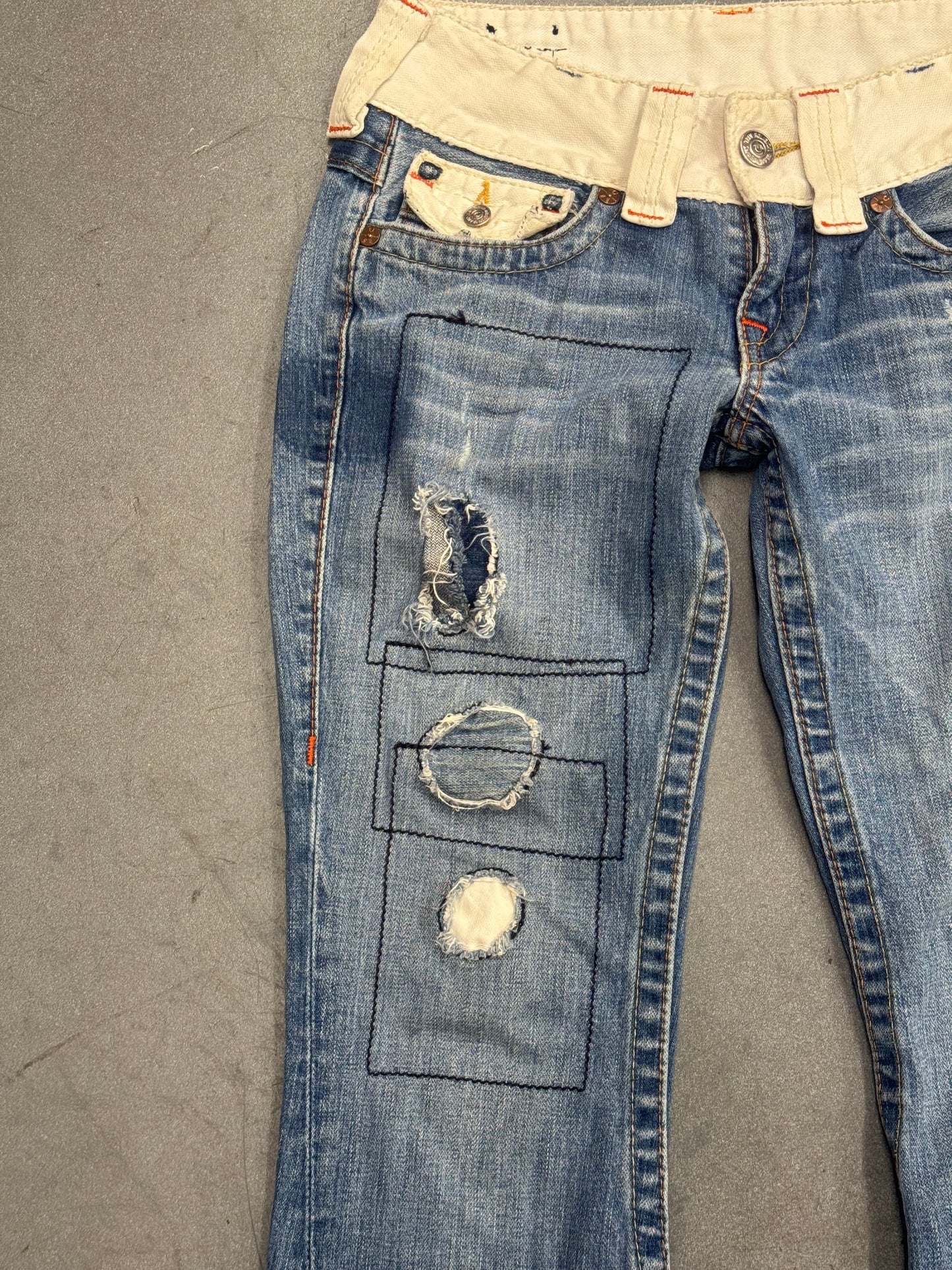 Y2K TRUE RELIGION PATCHWORK FLARED JEANS