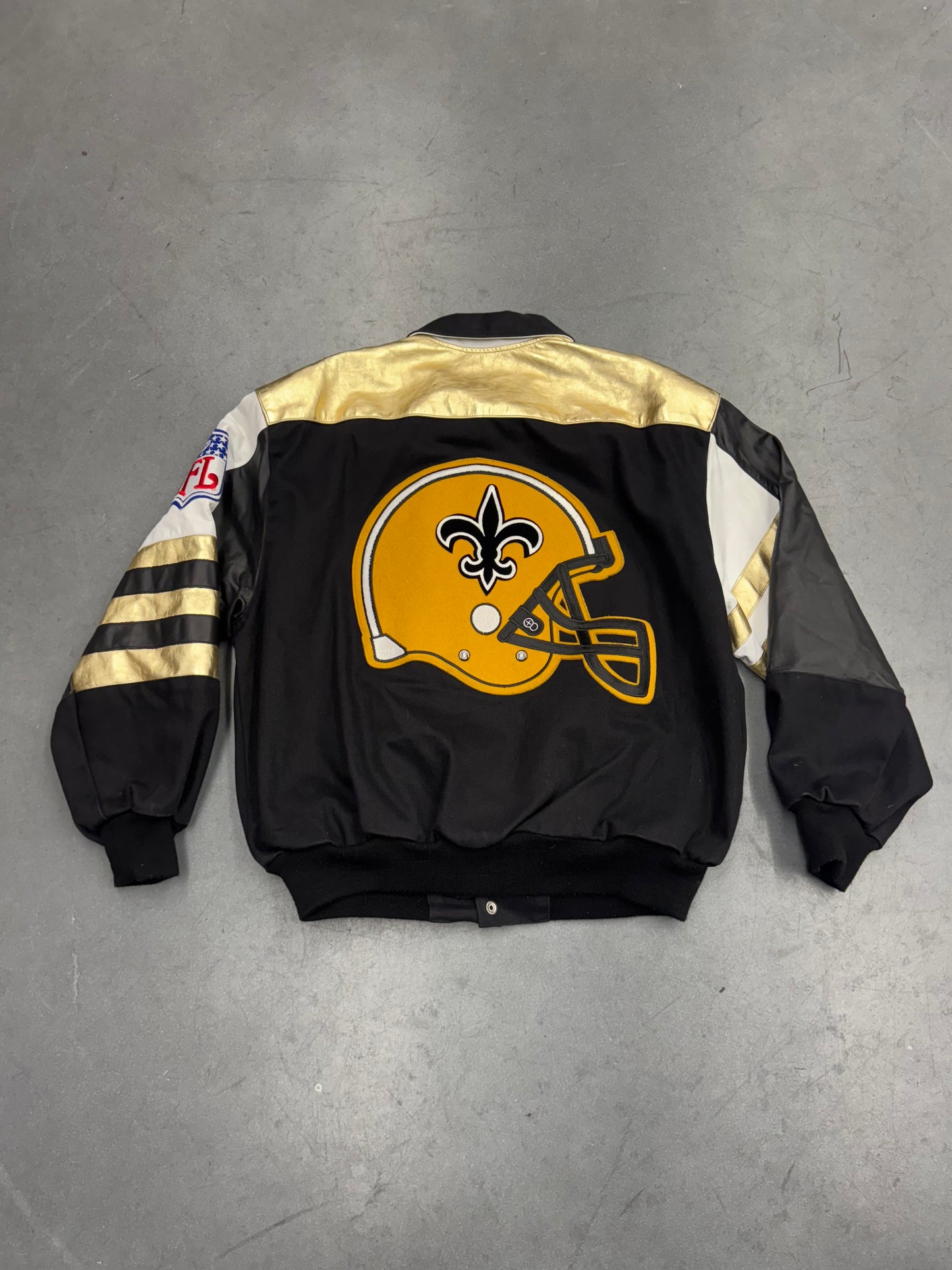 80S JEFF HAMILTON NEW ORLEANS SAINTS BUTTON UP LEATHER SLEEVE VARSITY JACKET