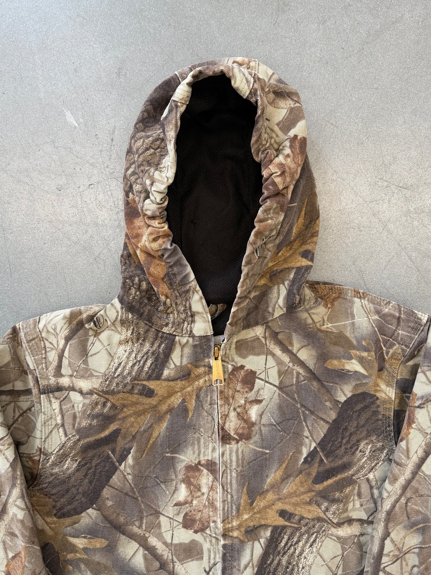 00S YOUTH CARHARTT MESH-LINED CAMO CANVAS HOODED WORK JACKET