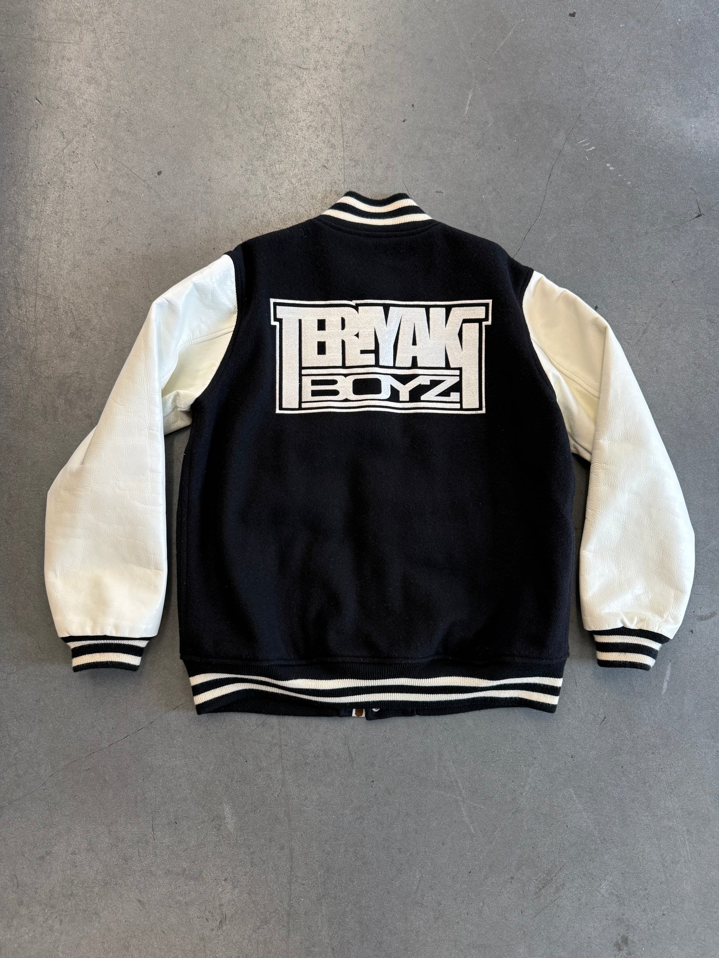 2008 A BATHING APE BAPE TERIYAKI BOYS LEATHER VARSITY JACKET (XL) (LIGHT PRE-OWNED WITH BAG)