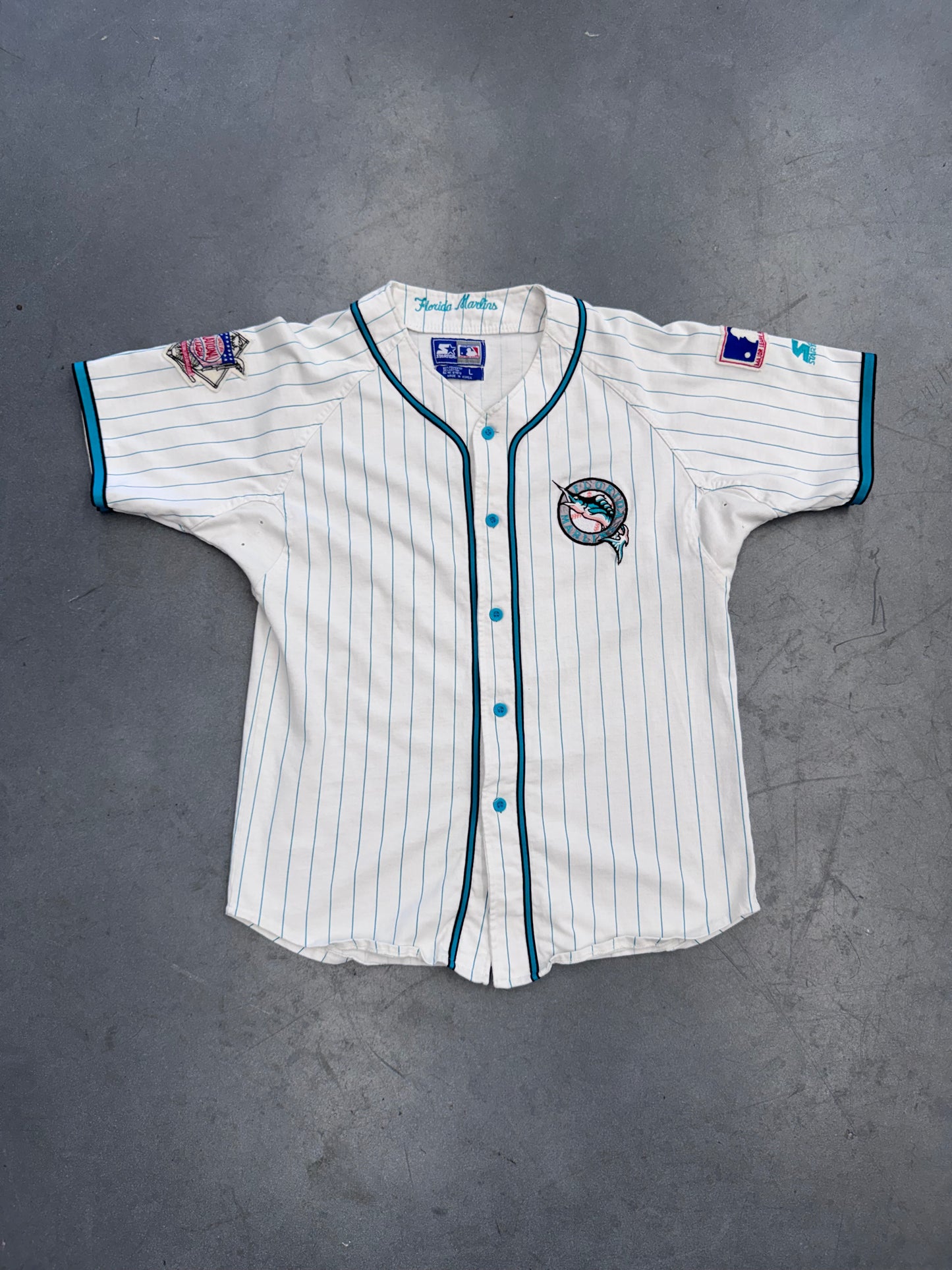 90'S STARTER FLORIDA MARLINS PINSTRIPE BUTTON-UP COTTON JERSEY
