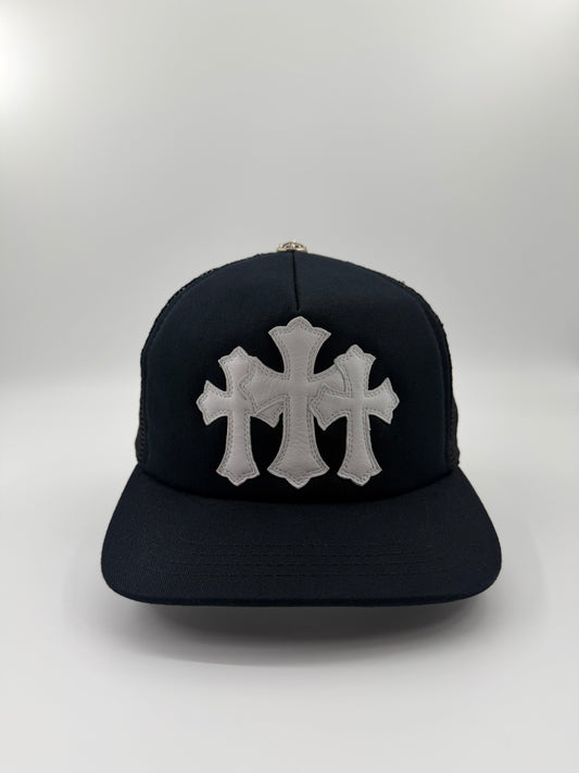 CHROME HEARTS LEATHER TRIPLE CROSS TRUCKER HAT - BLACK/WHITE