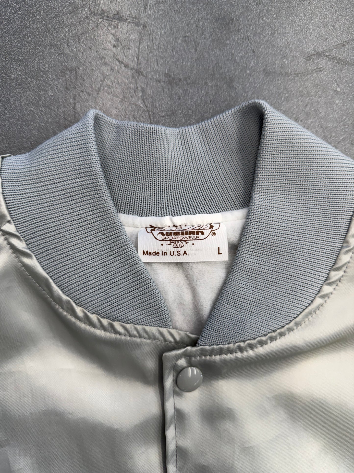 1991 RACE WEEK DAYTONA BEACH FLORIDA GREY SATIN SNAP VARSITY JACKET