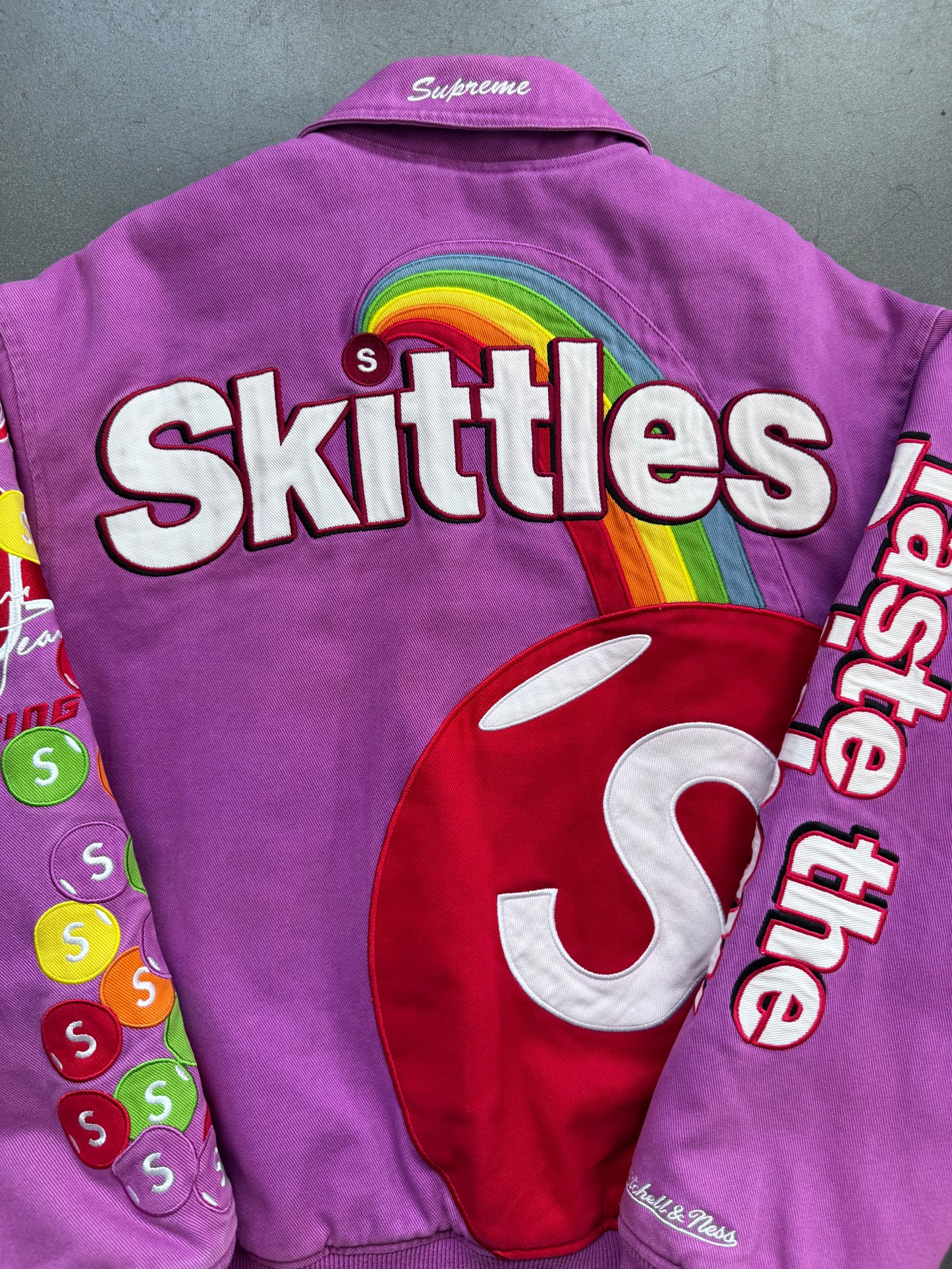 FW21 SUPREME SKITTLES MITCHELL & NESS VARSITY JACKET - PURPLE (M)