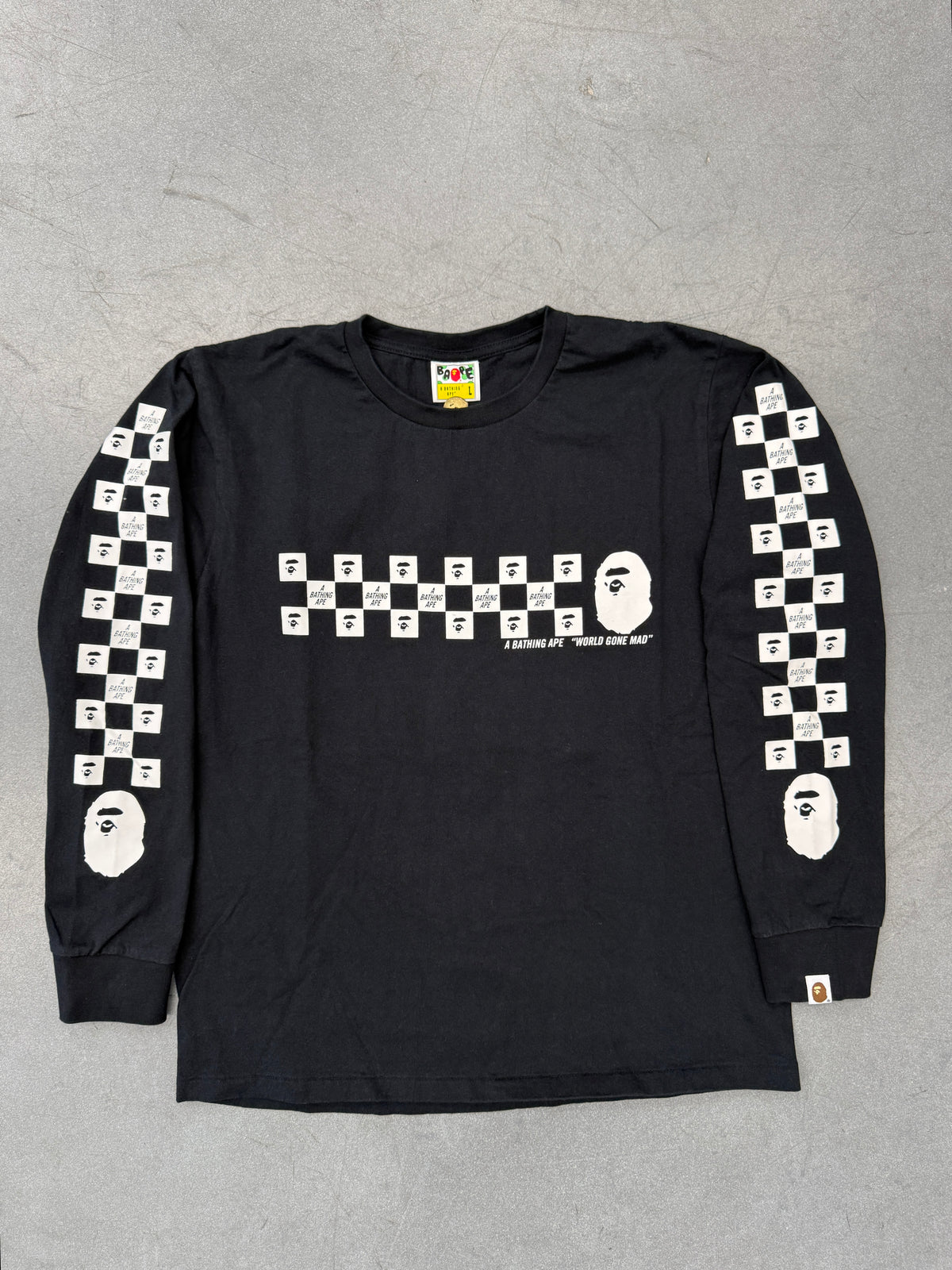 A BATHING APE BAPE ""WORLD GONE MAD"" CHECKERBOARD LONG SLEEVE TEE - BLACK