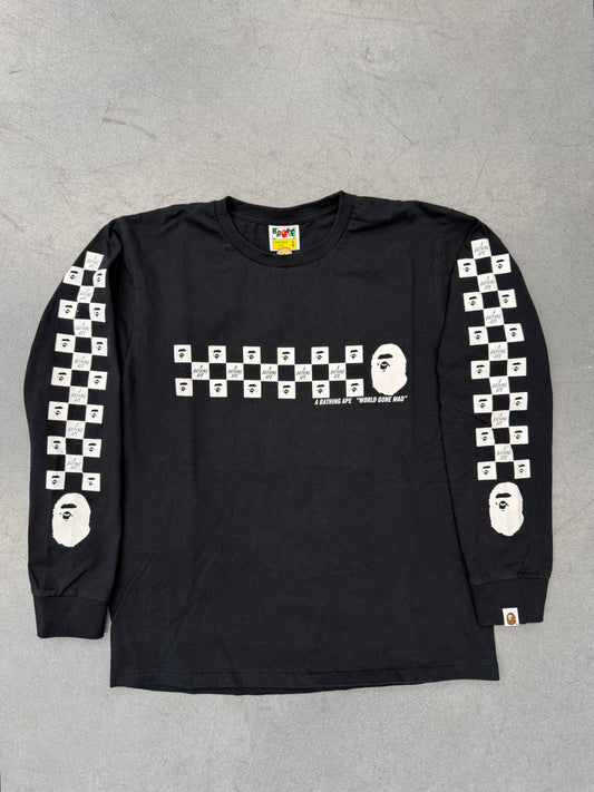 A BATHING APE BAPE ""WORLD GONE MAD"" CHECKERBOARD LONG SLEEVE TEE - BLACK